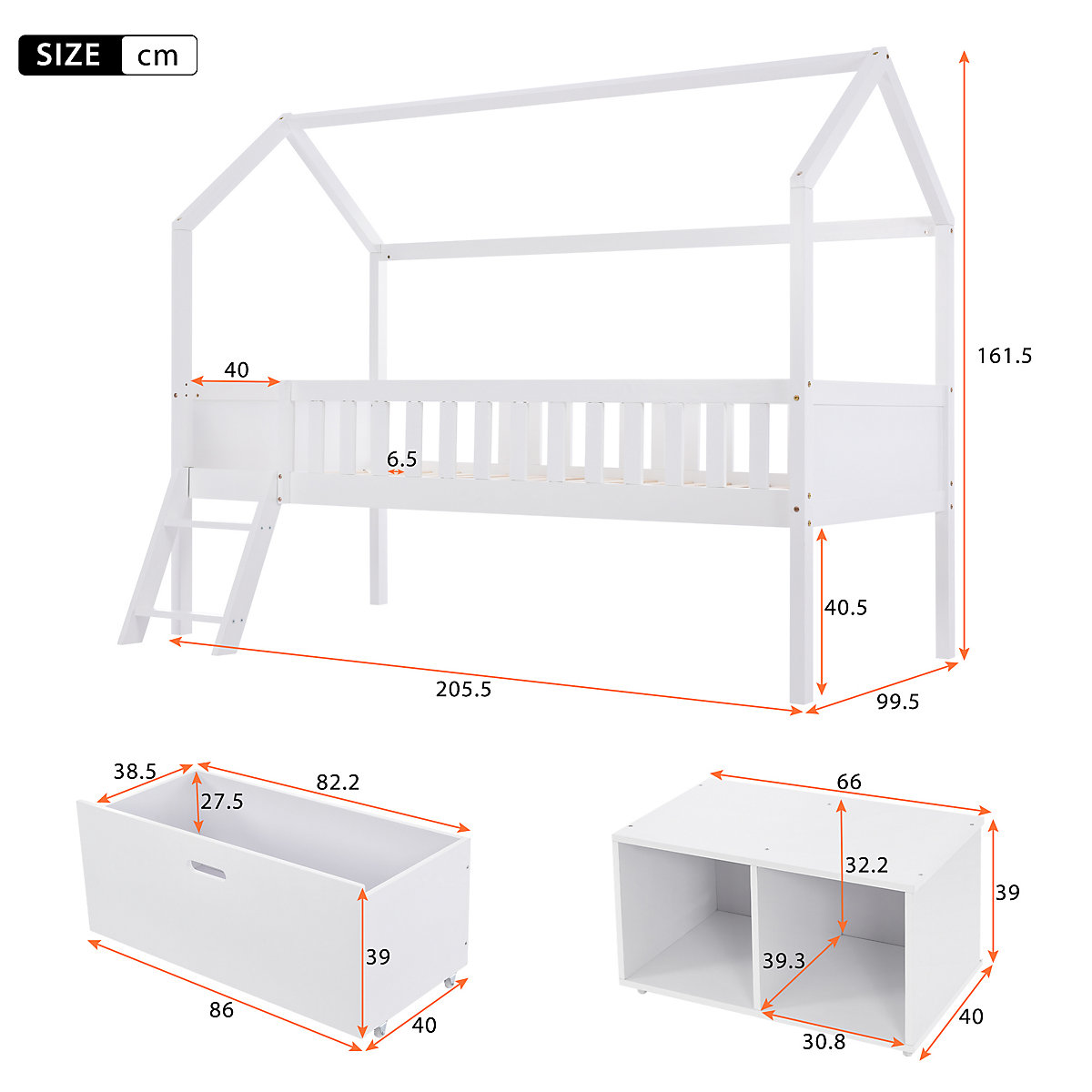Hausbett 90x200 cm mit Leiter und Schubladen, Kinderbett Massiv