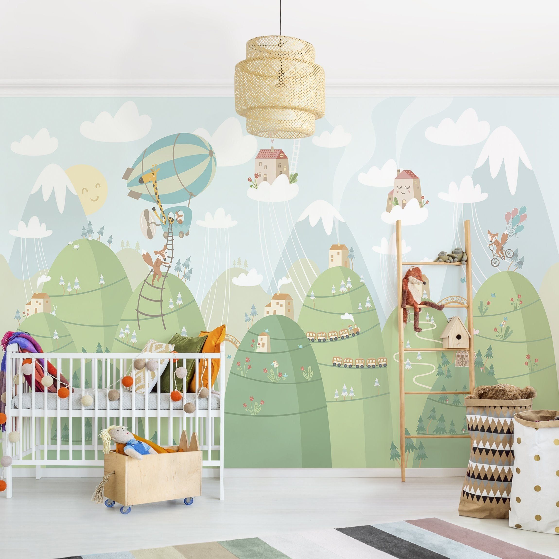 Bilderdepot24 Kindertapete Kinderzimmer Wald Häuser Tiere Kinder Wanddeko Berge Pastell, Glatt, Matt, (Inklusive Gratis-Kleister oder selbstklebend), Mädchenzimmer Jungenzimmer Babyzimmer Bildtapete Fototapete Wandtapete