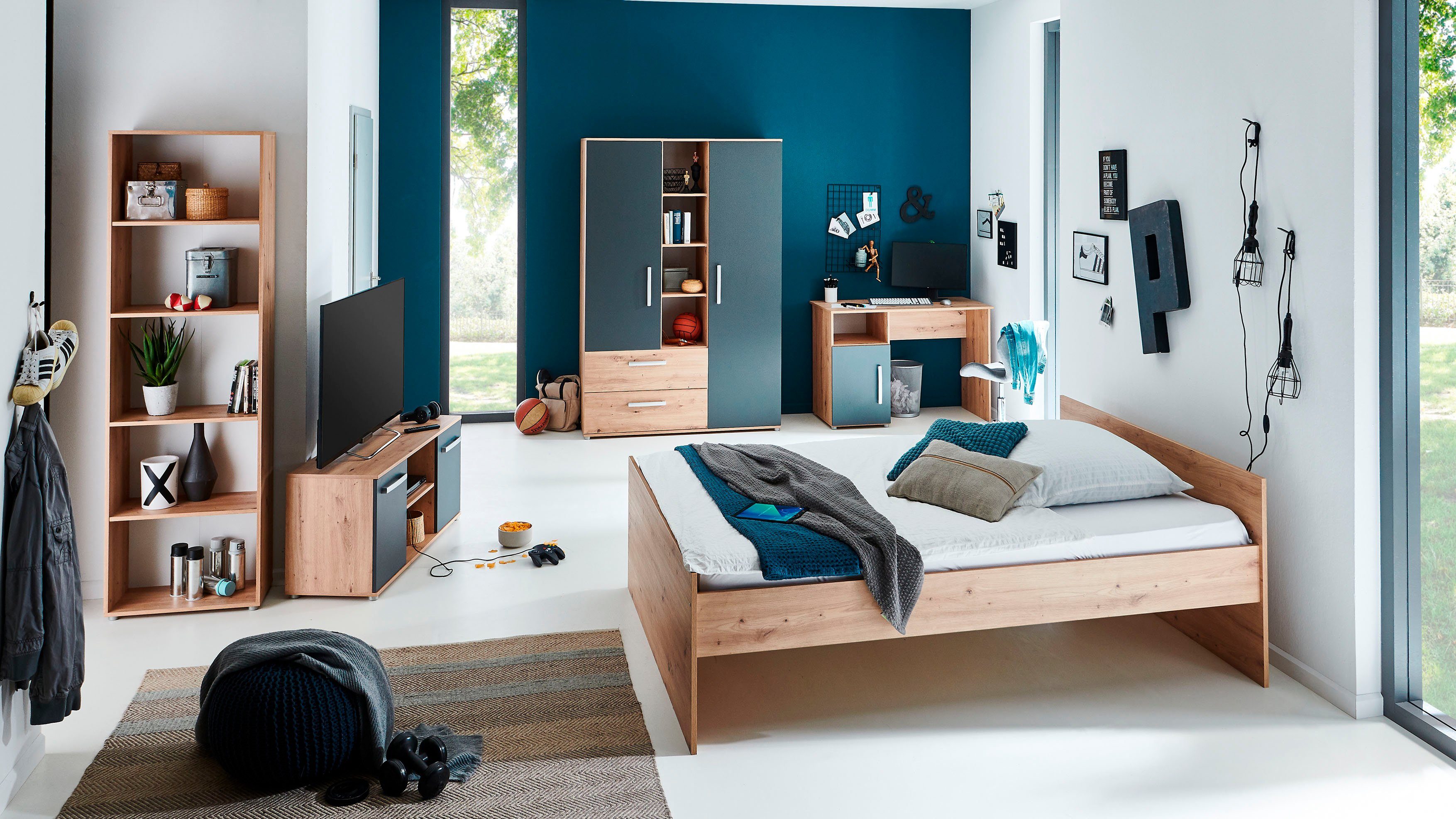 arthur berndt Jugendzimmer-Set Alessio, (Set, 5-St., Bett, Kleiderschrank, Schreibtisch, Standregal und TV-Lowboard), mit Melamin-Oberfläche