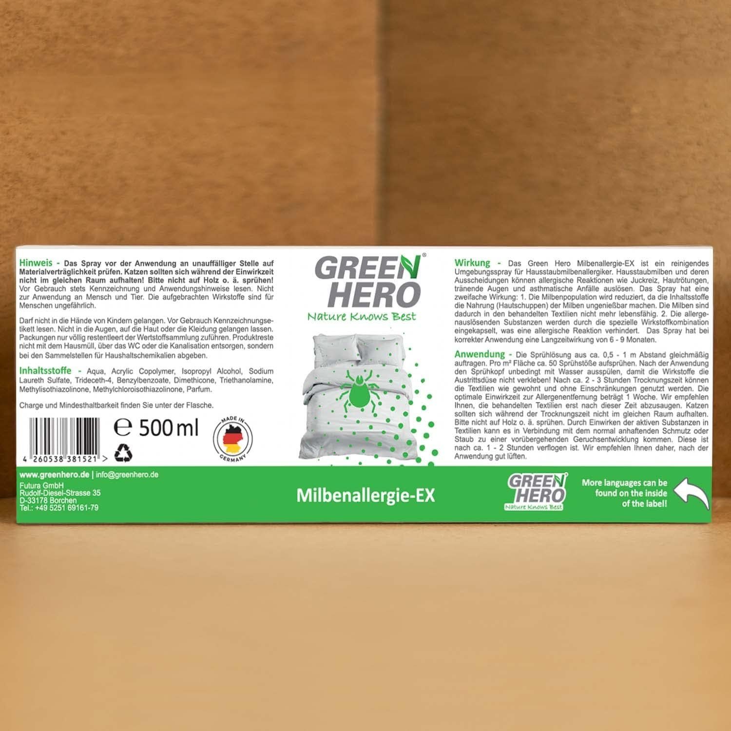 GreenHero Milbenallergie-EX, Bettwäsche Milbenspray für Matratzen / Bettwäsche Hygienespray (Zur Unterstützung der Gesundheit bei Hausstaubmilben Allergien)