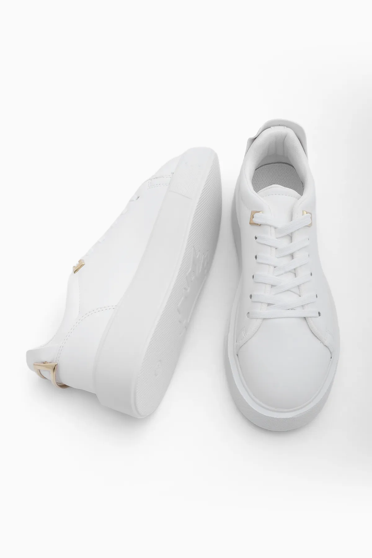 Marjin  Damen-Sneaker, dicke Sohle, goldene Schnalle, detaillierte Schnür-Sportschuhe, Rofke, Weiß