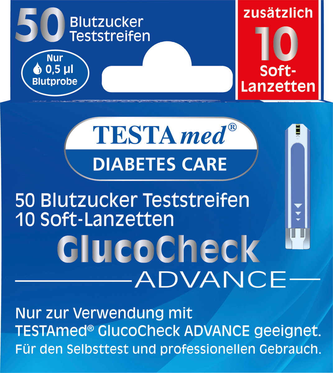 Glucocheck ADVANCE Kombipackung 50 Blutzucker-Teststreifen + 10 Lanzetten, 50 St