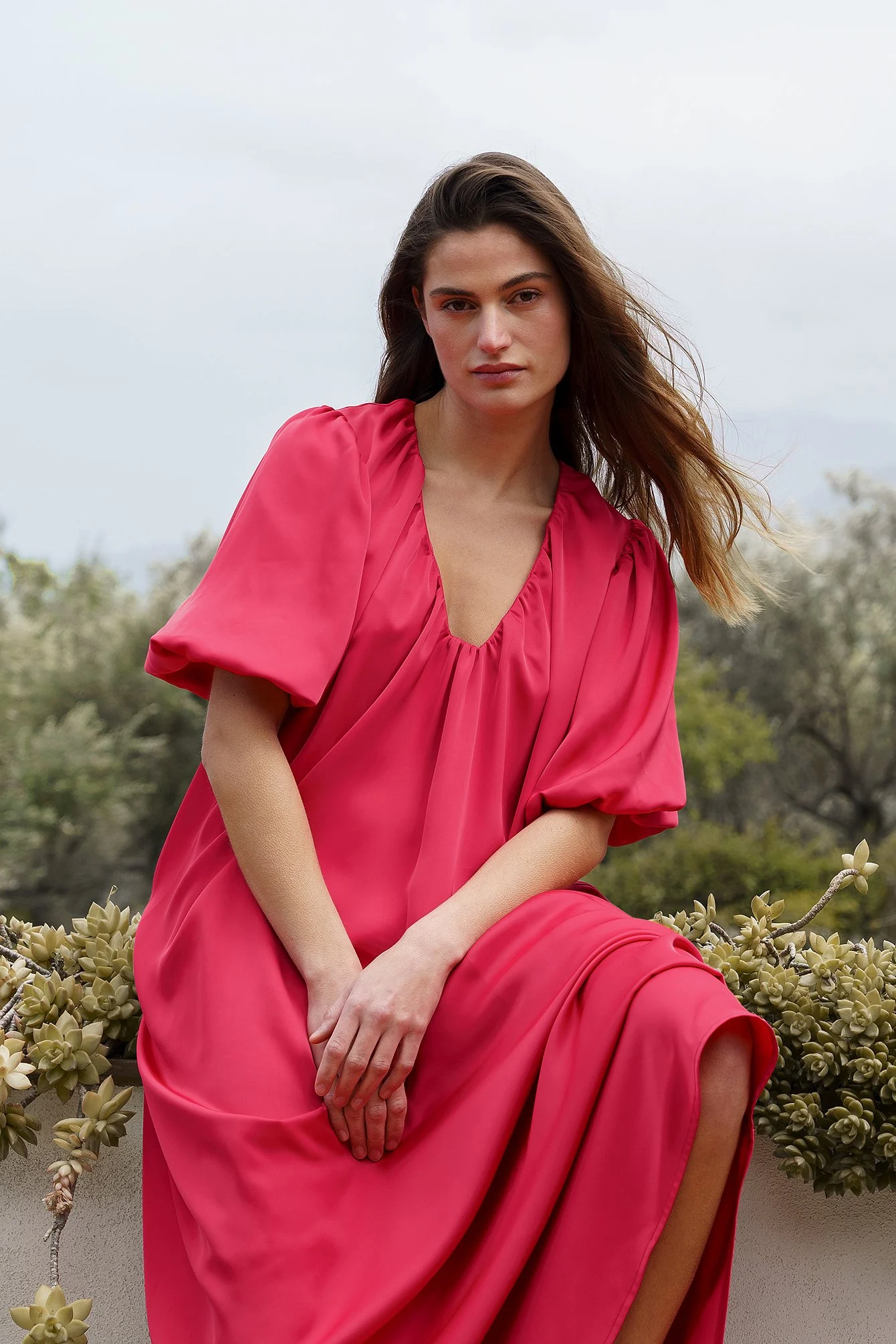 Deep Neck Puff Sleeve Satin Maxi Dress