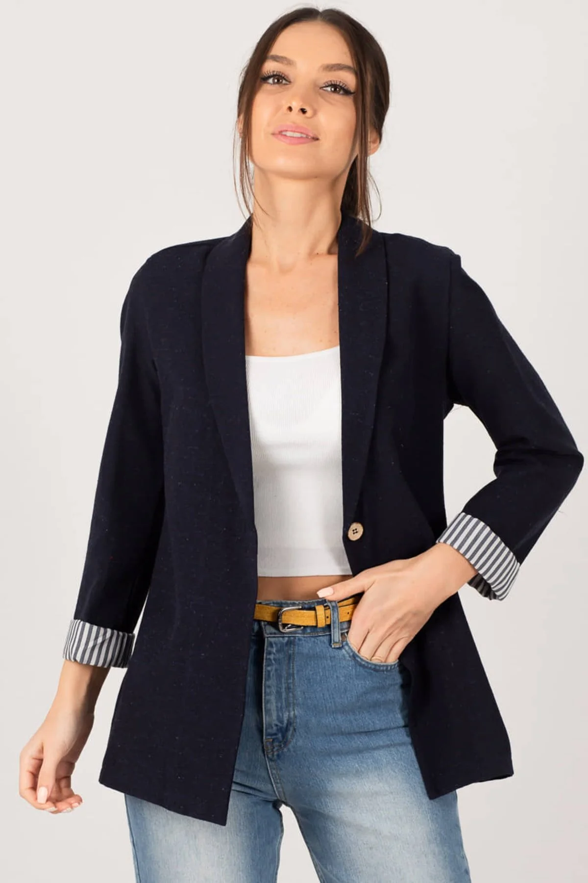 armonika  Damen-Jacke mit einem Knopf, dunkelblau, innen gestreift, ARM-22K001122