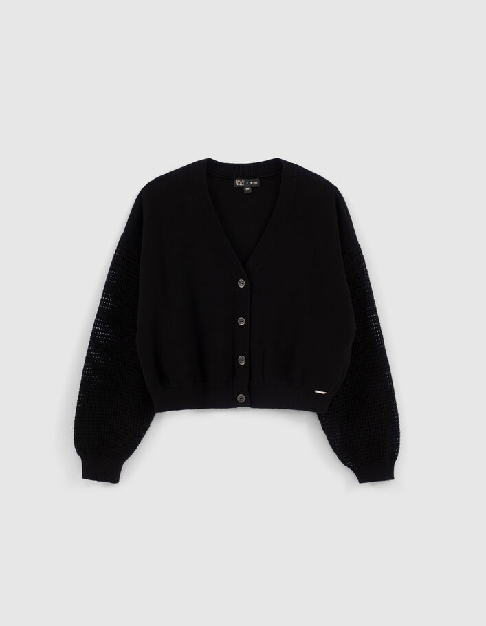 Cardigan cropped noir tricot manches ajourées fille