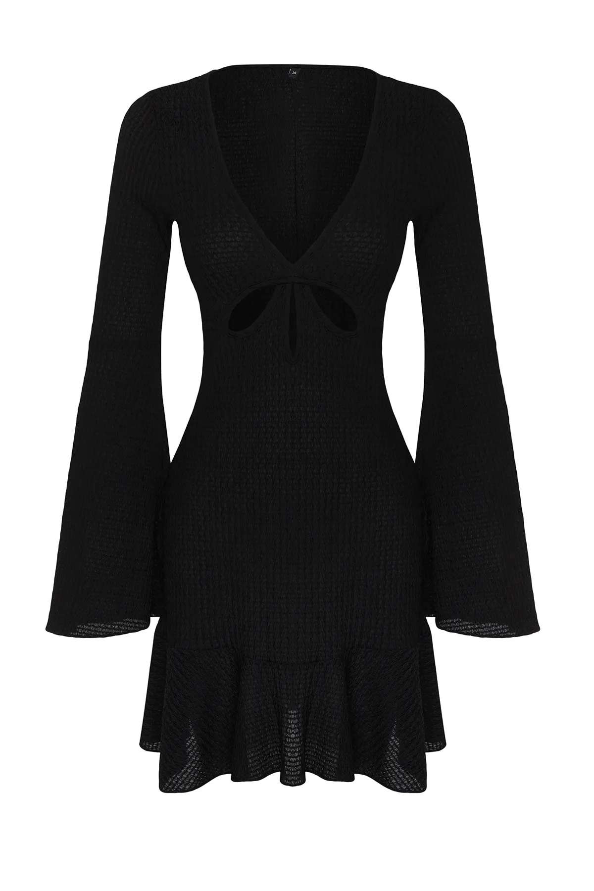 Trendyol Collection  Schwarzes, figurbetontes, gestricktes Mini-Strandkleid mit Rüschen TBESS24EL00003