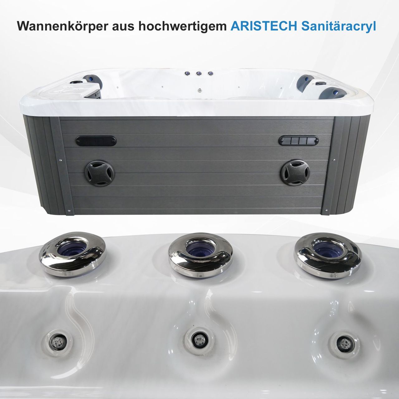 TroniTechnik Outdoor Whirlpool Spa TINO Weiß Silber Marmoriert 195cm x 127cm mit Heizung, Hydromassage, zwei Pumpen inkl. Thermoabdeckung