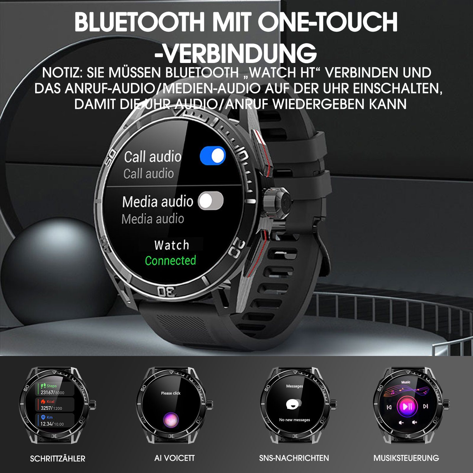 Yuede AMOLED Smartwatch, Fitness Uhr mit Anruffunktion für Damen und Herren Smartwatch (Rundes 1,43-Zoll-UHD-Full-Touch-AMOLED Farbdisplay Zoll) Gesundheits-Smartwatches mit Blutsauerstoff, Blutdruckmessung, Herzfrequenz, Schlafqualität, Schrittzähle
