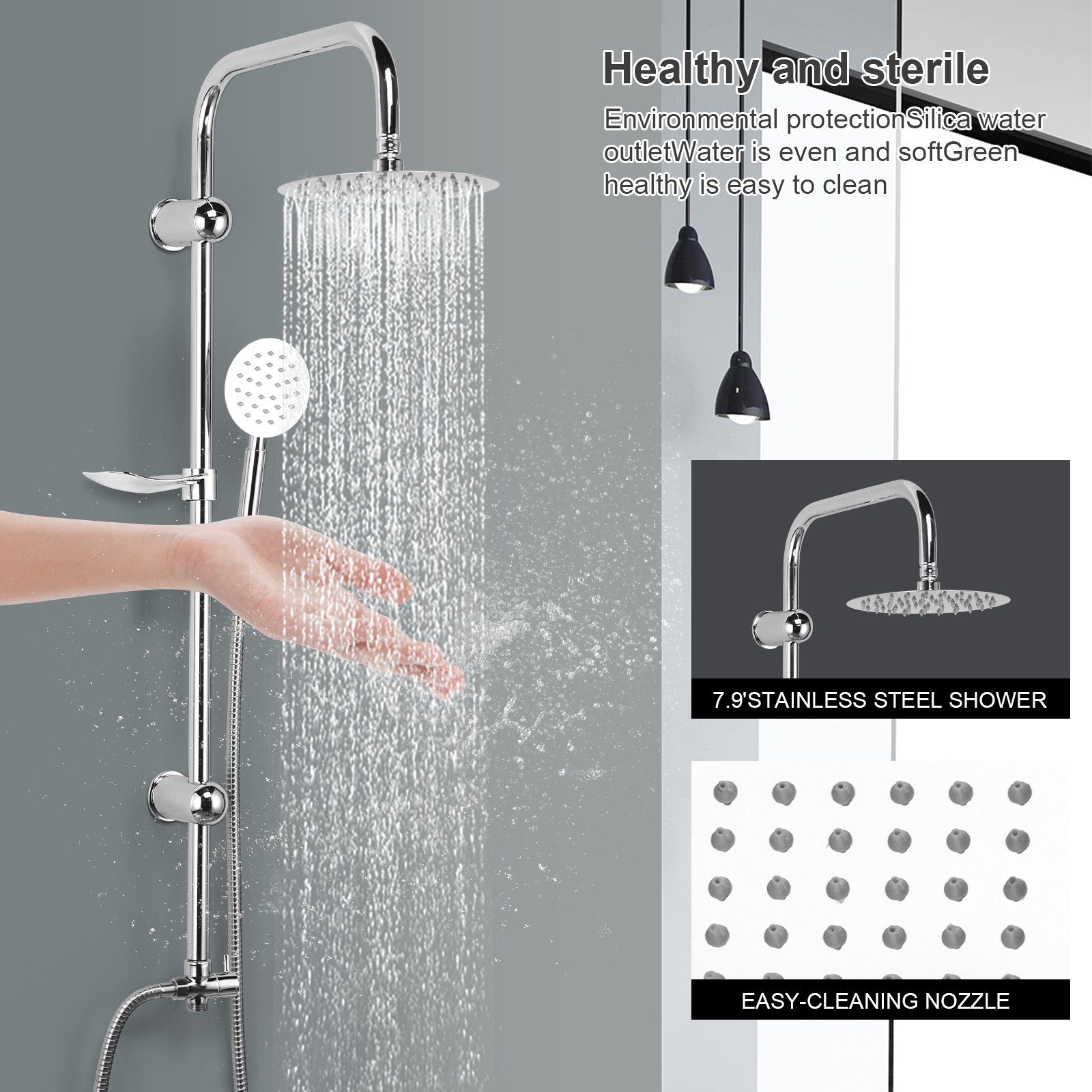 BlingBin Duschsystem Regendusche set Handbrause Duschset Badezimmer Duscharmatur, Höhe 96 cm, 2 Strahlart(en), Komplett-Set, 1 tlg., Einfache Montage, Mit Seifenablage