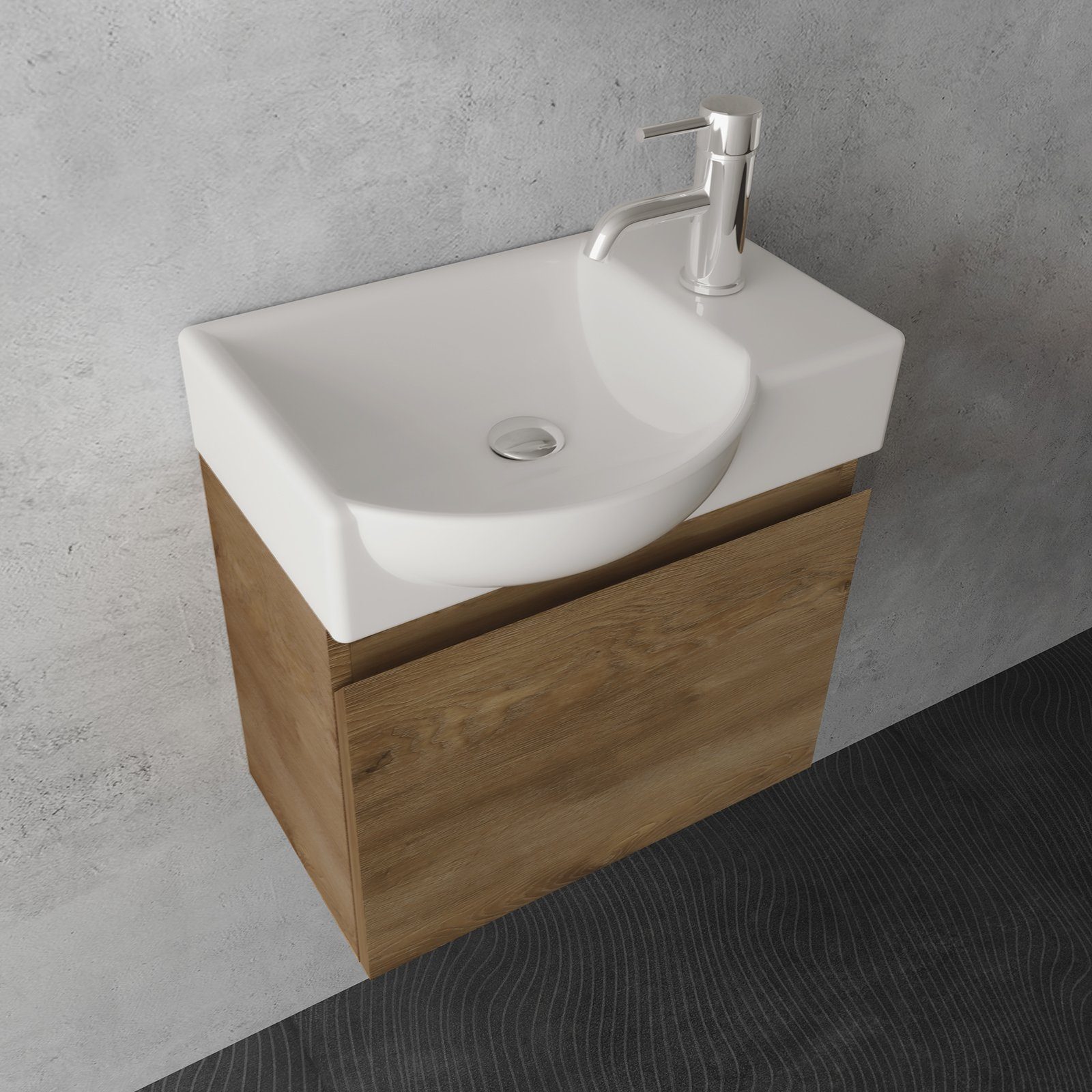 Alpenberger Badmöbel-Set - Gäste WC Waschbecken mit Unterschrank 45 cm Breit, (Badschrank 2-tlg., Waschtisch hängend), Waschbeckenunterschrank mit Softclose - Farbe Eiche - Links Becken
