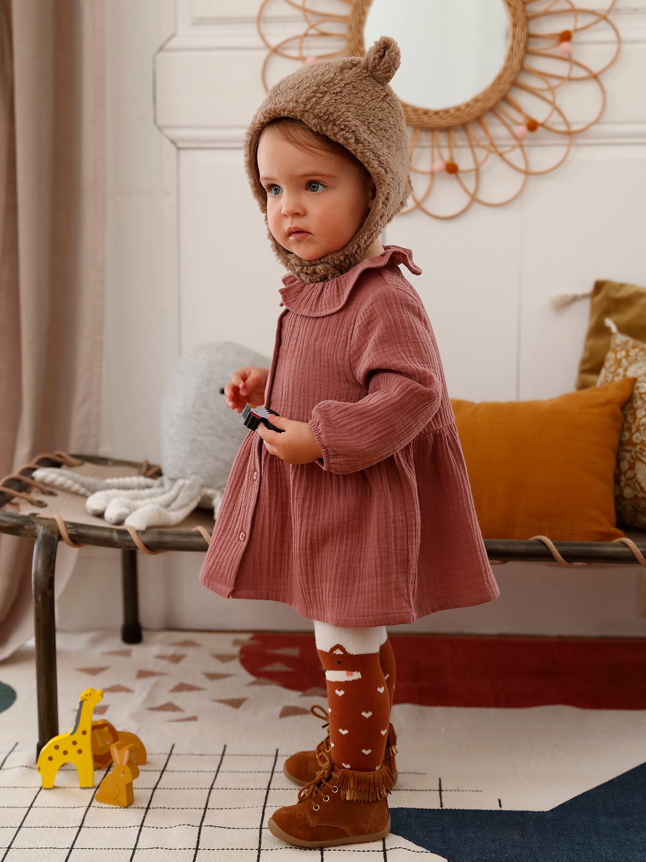 Robe collerette bébé en gaze de coton bronze