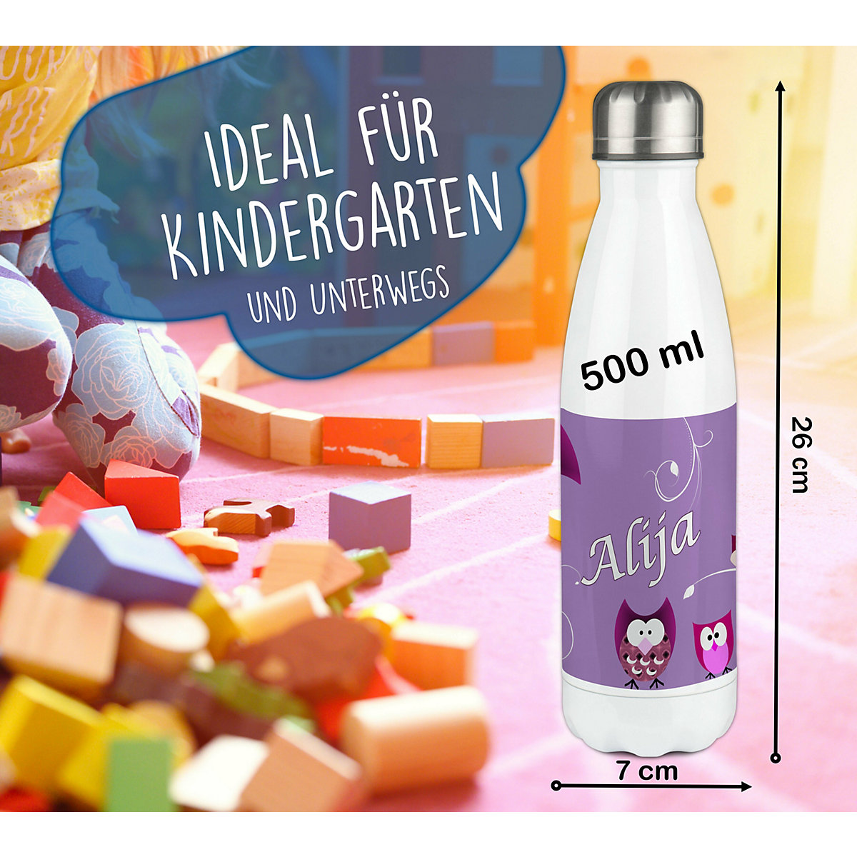 Edelstahl Kinder Thermoflasche / Trinkflasche bunt Eule Farbe lila Spülmaschinenfest, Auslaufsicher, Bruchfest, Doppelwandig, Für Heißgetränke geeignet, Mit Deckel, Isoliert