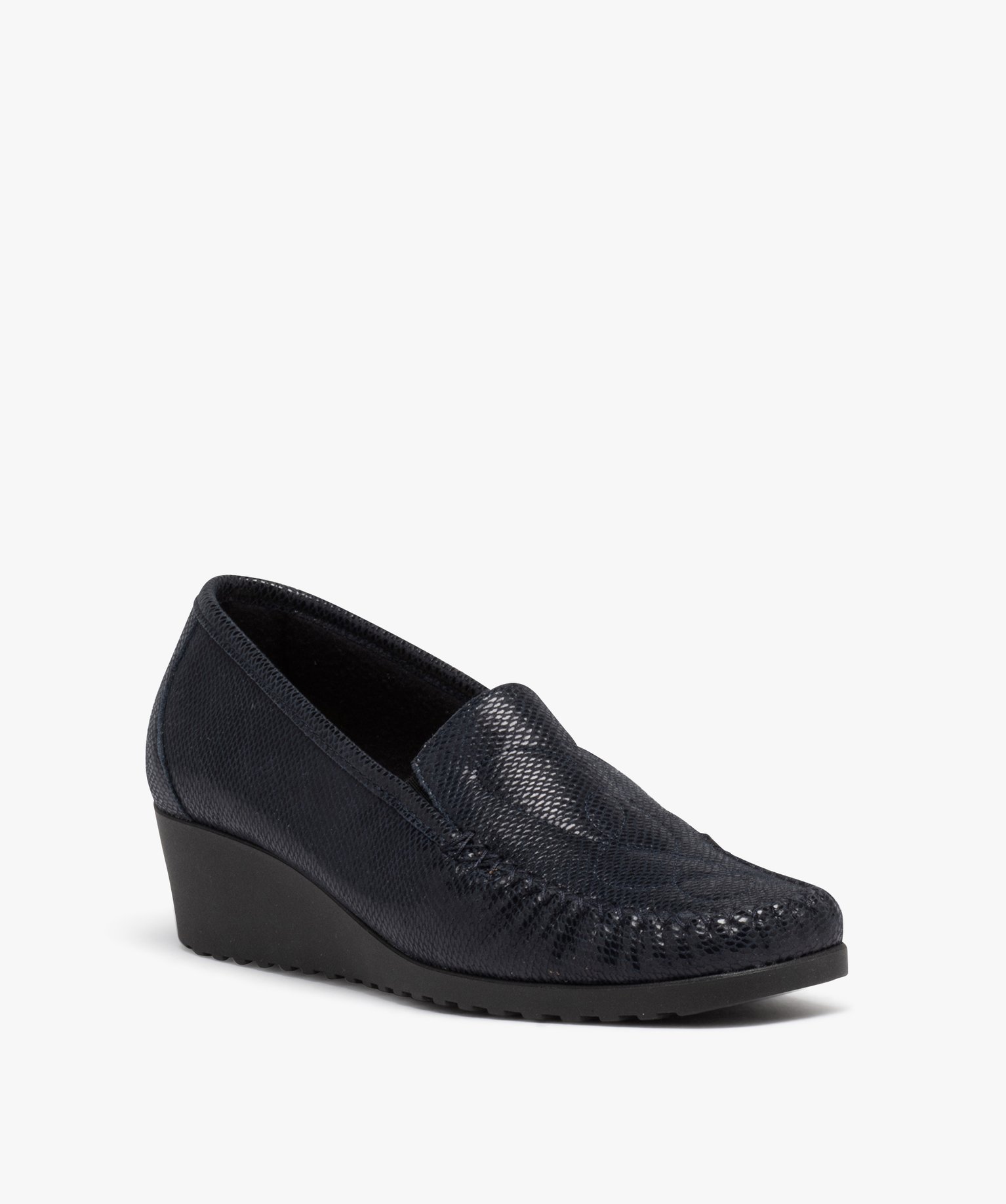 Mocassin confort dessus cuir et semelle compensée femme marine | GEMO