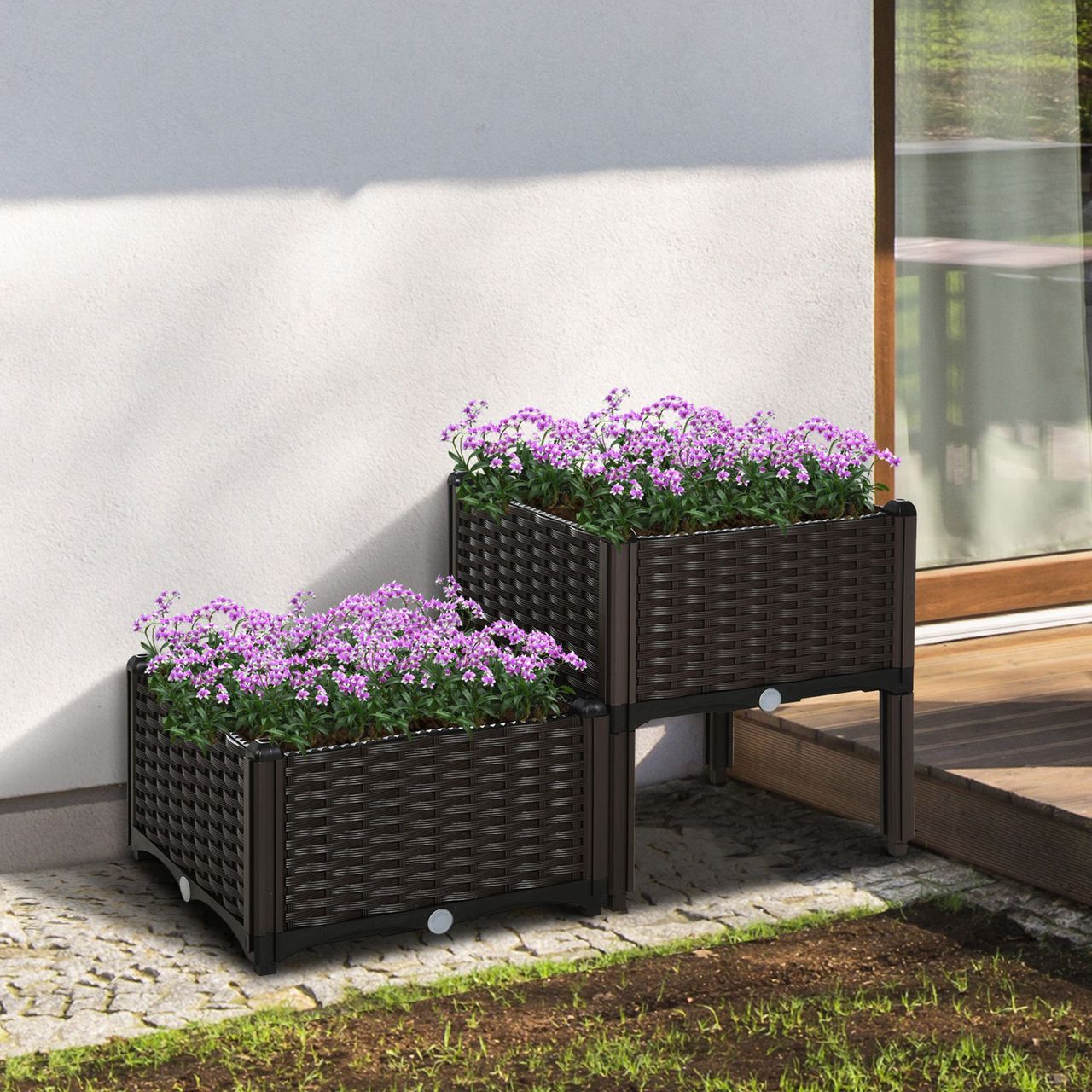 Outsunny Hochbeet 2-teiliger Pflanzkasten mit Abflusslöchern in Rattan-Look PP Braun 40 x 40 x 44 cm