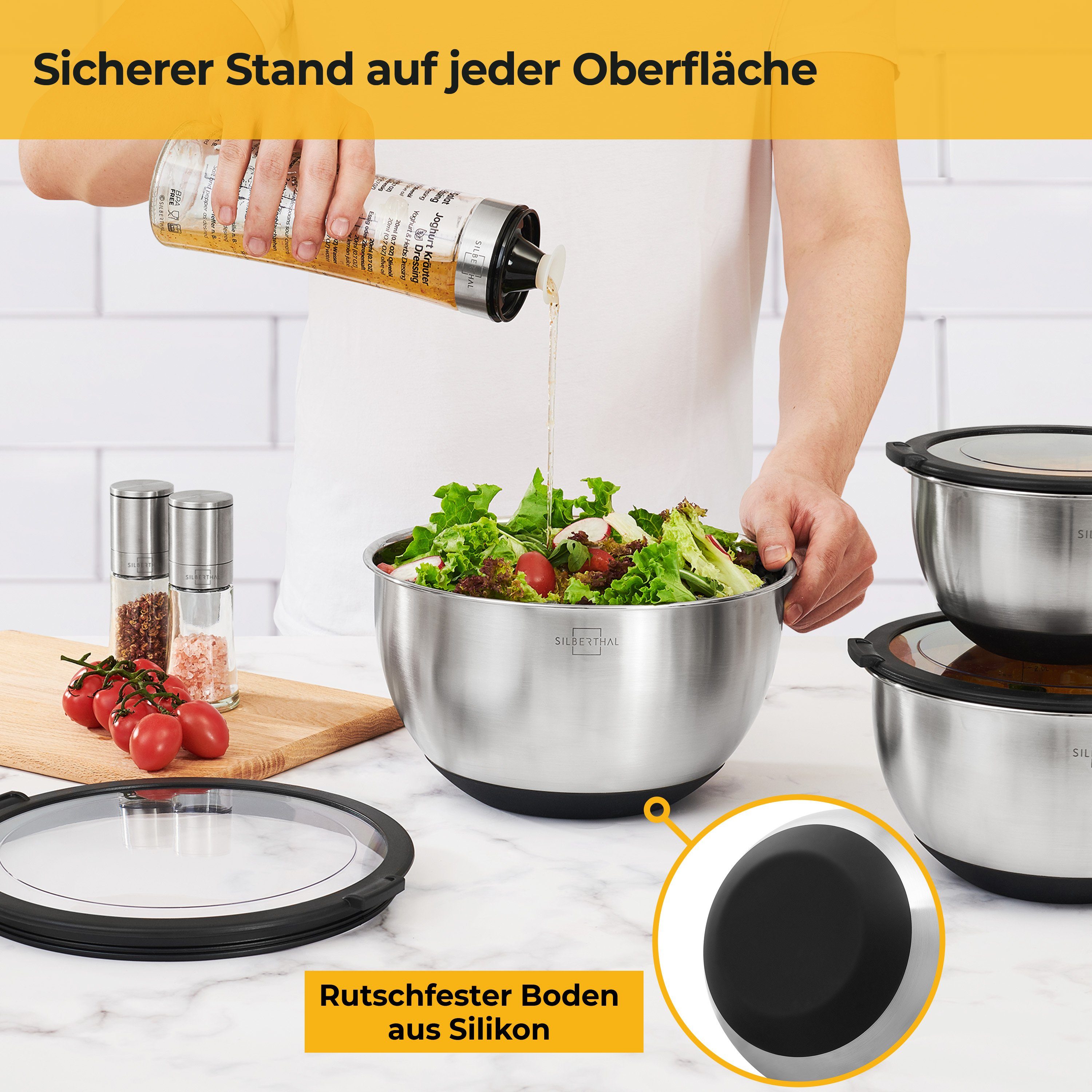 SILBERTHAL Salatschüssel Schüssel-Set mit Deckel, Edelstahl, (3-tlg), Rutschfest dank Silikonboden, mit integrierter Skala
