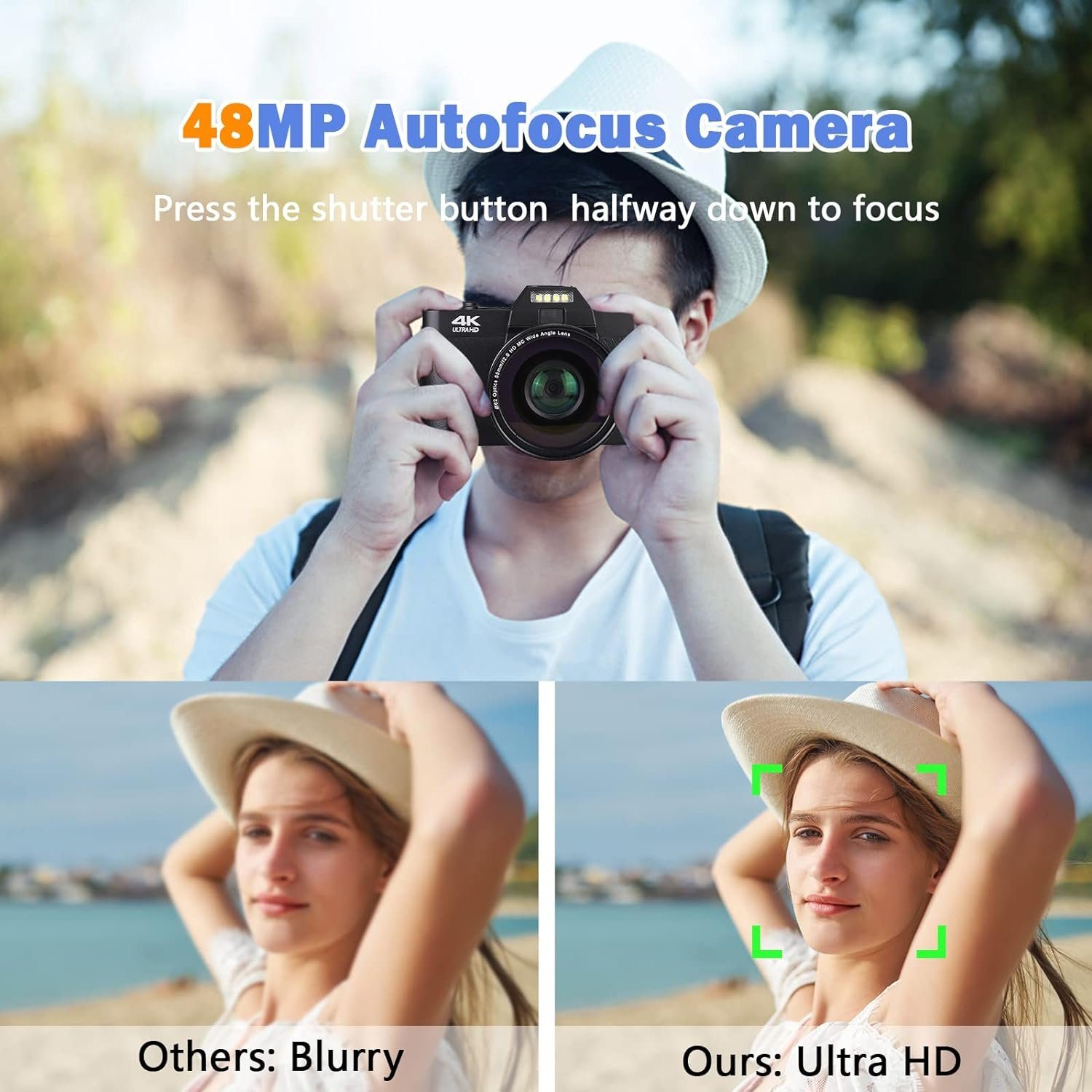 A Ade Digitalkamera 4K 48MP Systemkamera Kompaktkamera (48 MP, WLAN (Wi-Fi), inkl. 16X Digitalzoom, 3.0 Zoll 180 ° Grad Drehung Flip-Screen)