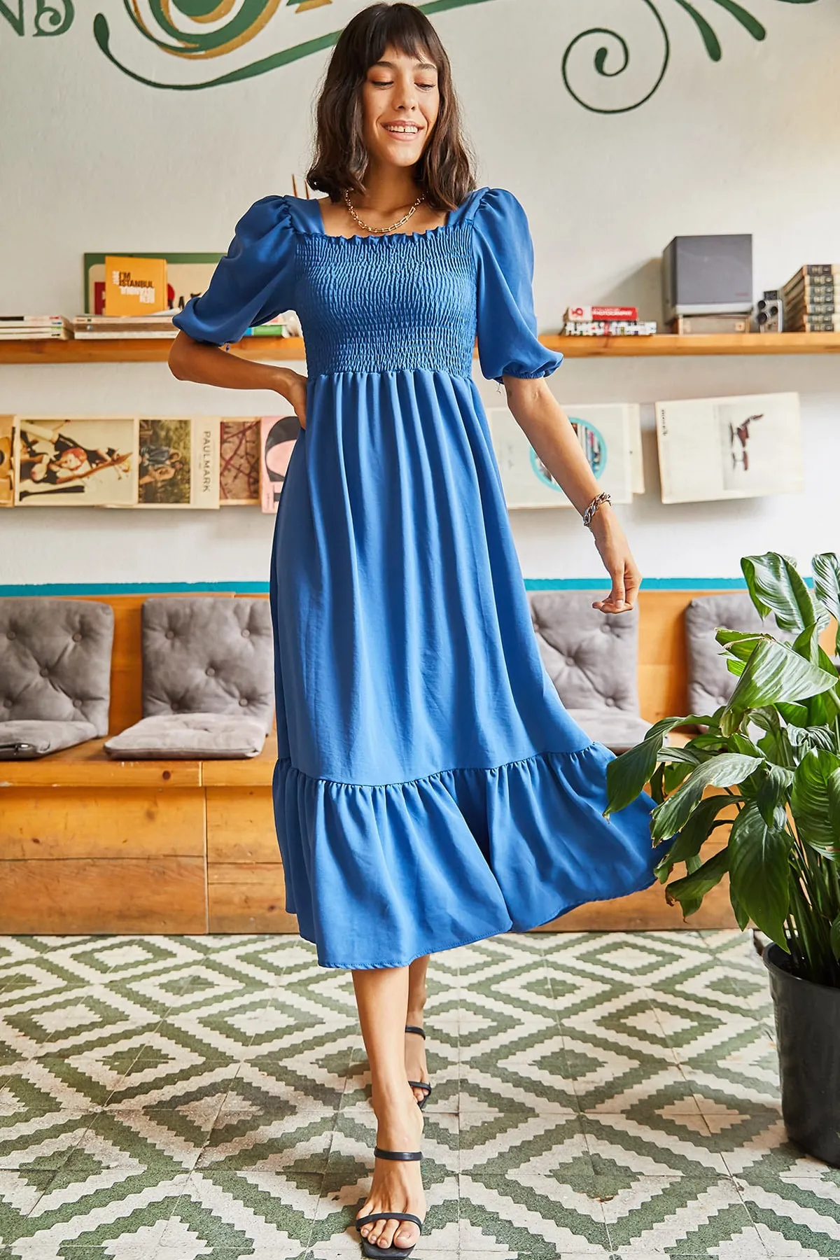 Olalook  Damen-Indigo-Gimped-Bodrum-Kleid mit quadratischem Kragen ELB-19001557