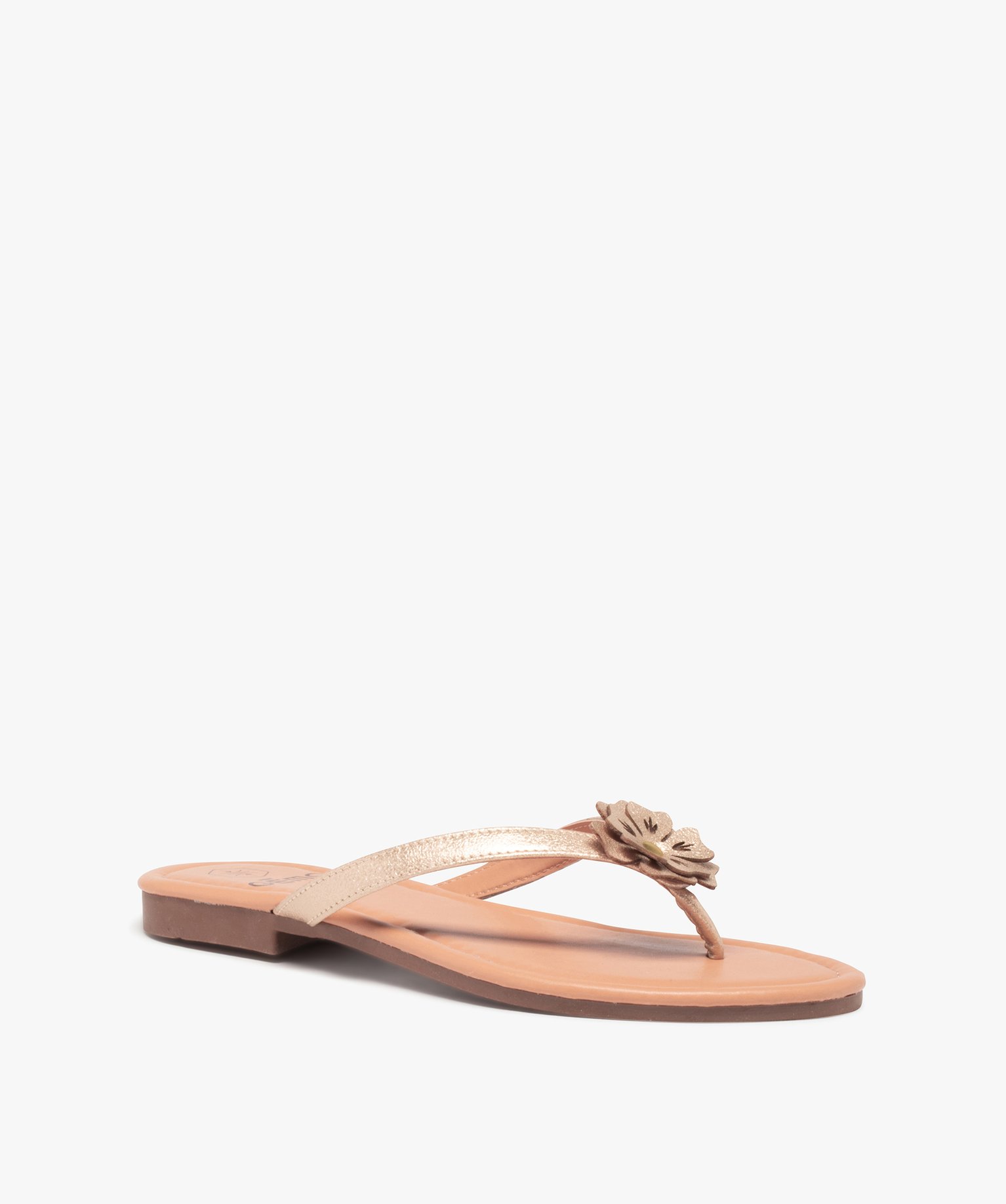 Tongs femme à petit talon plat et fleur sur l’entre-doigts or | GEMO