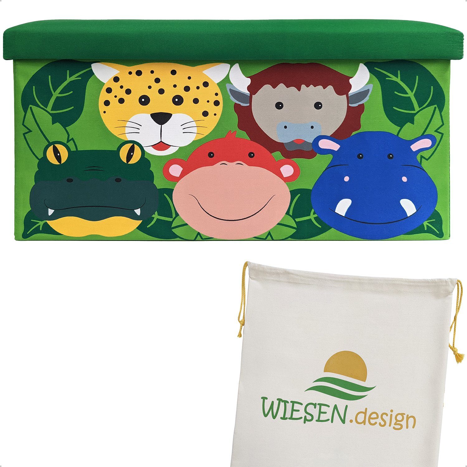 WIESEN.design Spielzeugtruhe Sitztruhe-Dschungel für Spielzeug Aufbewahrung, 60x30x30cm, 54L, belastbar mit 150kg, inkl. eines Baumwollsacks, gratis Versand