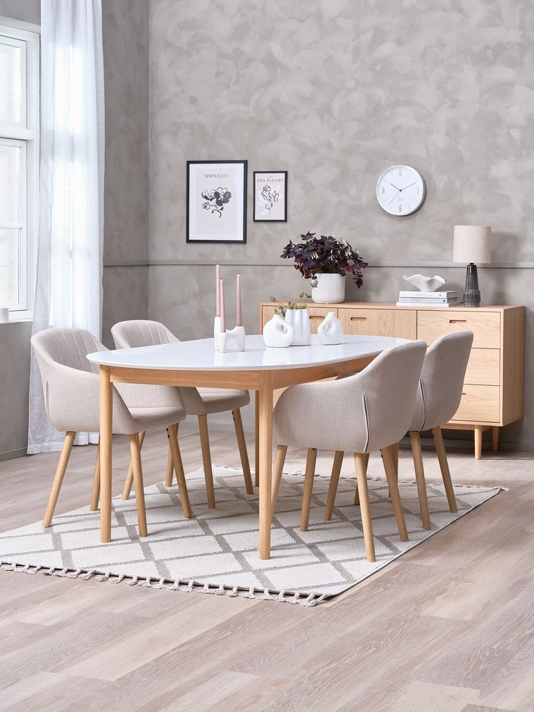 MARSTRAND ADSLEV MARSTRAND L200/280 stół biały 4 ADSLEV krzesło z podłokietnikami beżowy