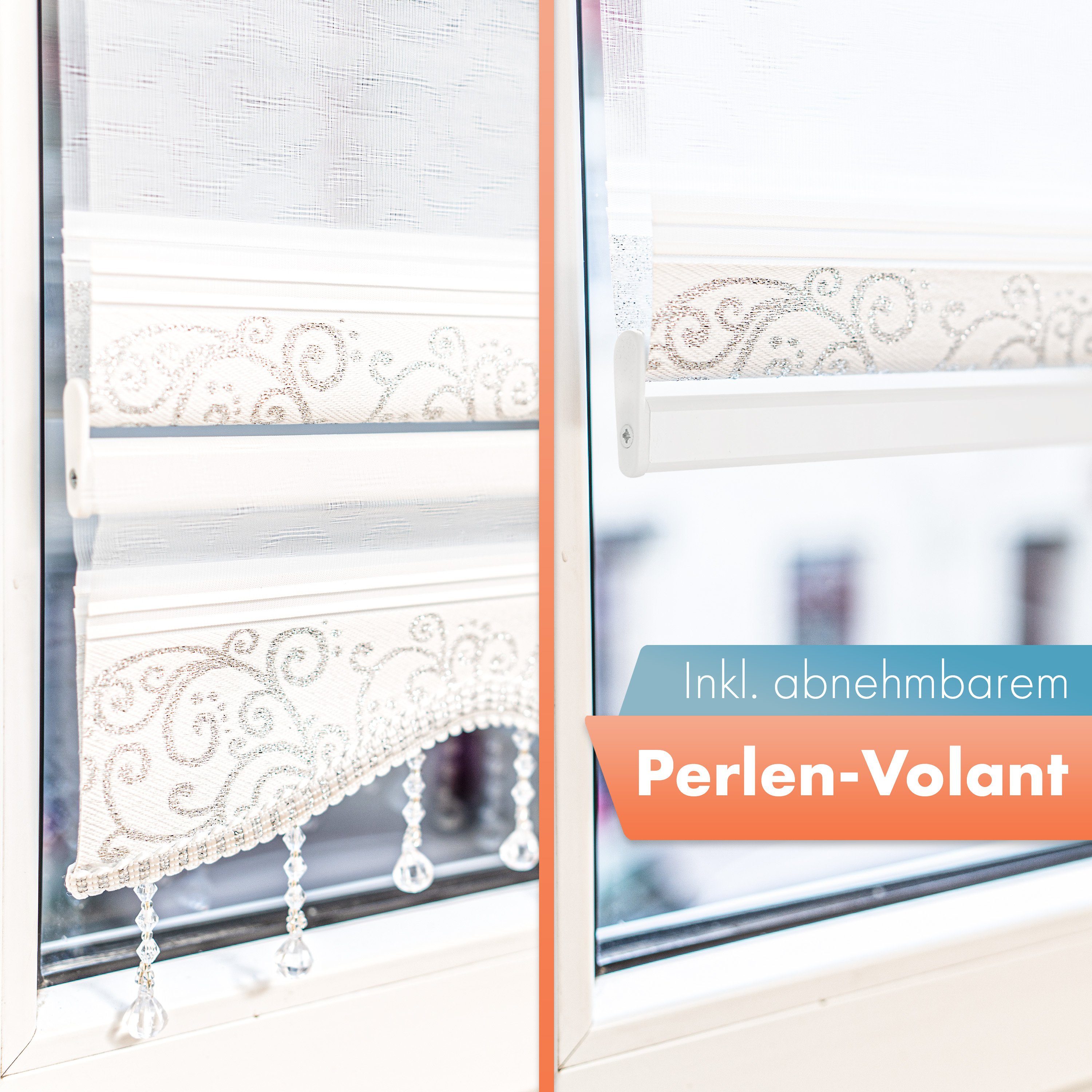 Doppelrollo ohne Bohren, Doppelrollo für Fenster mit Muster, Bailena, Lichtschutz, ohne Bohren, freihängend, Klemmfix, Duo Rollos mit Perlen, glitzernd, Ranken Blumen Motiv