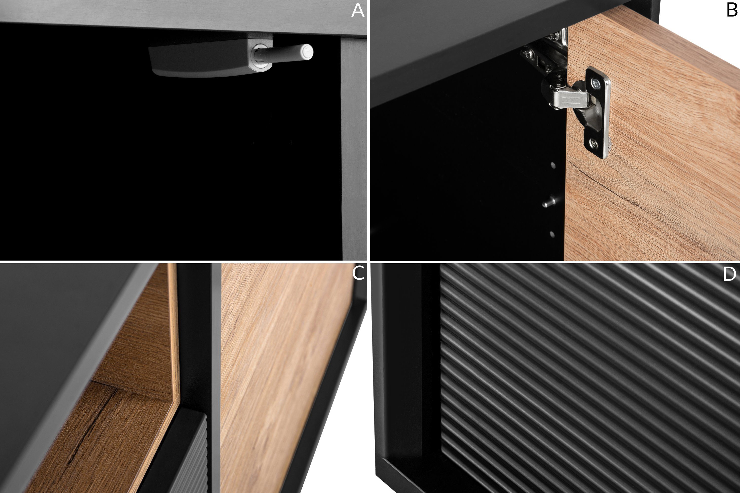 Konsimo Kombikommode LOFTY Sideboard Türkommode mit Schubladen industrial Style, Breite 151 cm, geriffelte Front, Holz, mit Schubladen