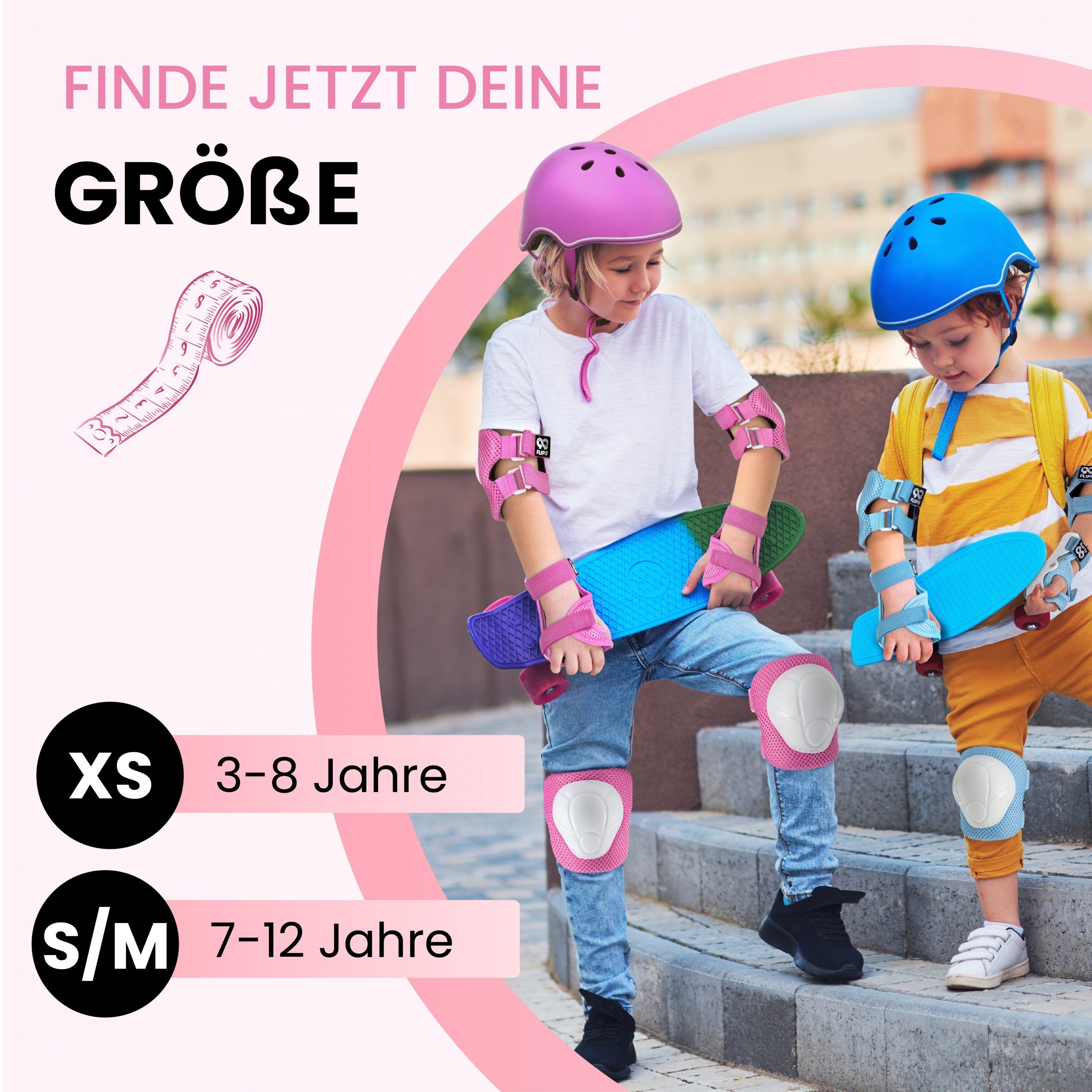 99FLIPS Protektoren-Set Schoner Inliner skates Kinder Set Skateboard Protektoren Schützer (Knieschoner Kinder Schutzausrüstung für Rollschuhe & Skateboard, 6-tlg., Knieschützer, Ellenbogen Schützer & Handschützer inkl. Tasche), Schlittschuhe Schoner