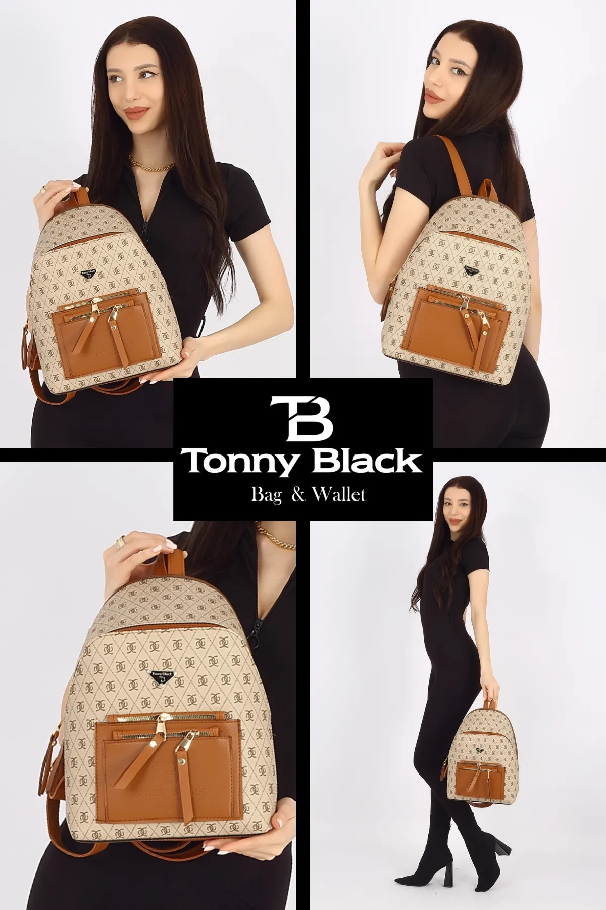 Tonny Black  Original Damen-Rucksack und Umhängetasche mit verstellbarem Riemen, Komfortmodell, 3 Fächer, luxuriös, stilvoll, mit mehreren Fächern