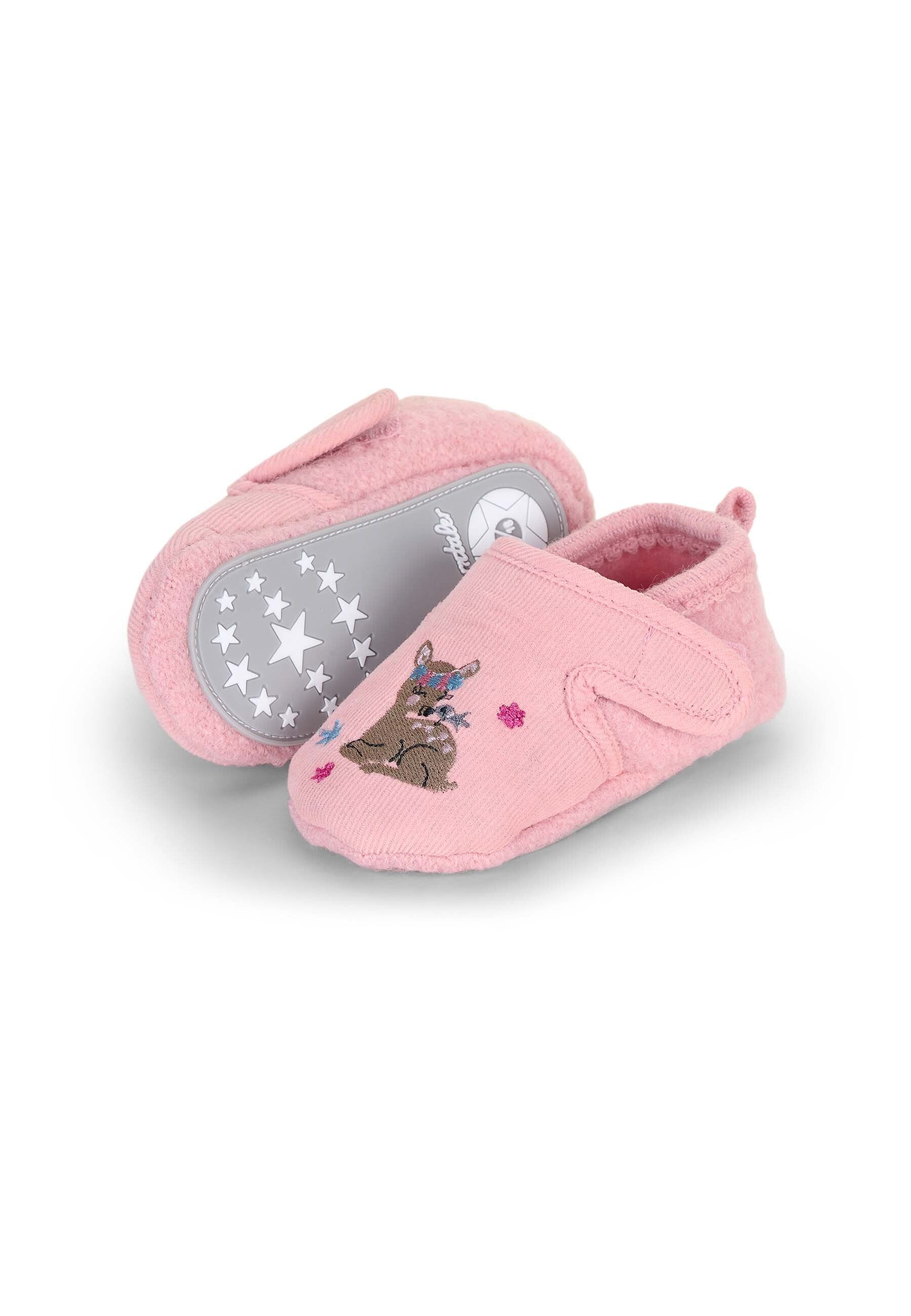 Baby-Krabbelschuhe Reh aus Filz und Cord, Flieder