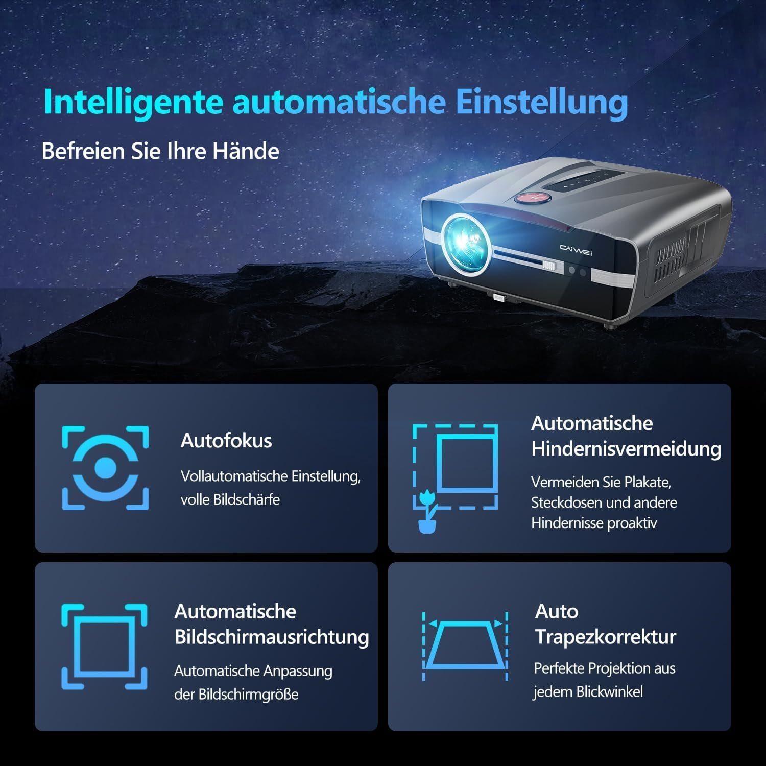 ZCGIOBN 4K Beamer Heimkino WiFi 6 mit AutoFokus/Trapezkorrektur Portabler Projektor (1200 lm, 1920 x 1080 px, Bluetooth Android HDMI USB für TV Stick/iPhone/iPad/Laptop/PS5/DVD/PC)