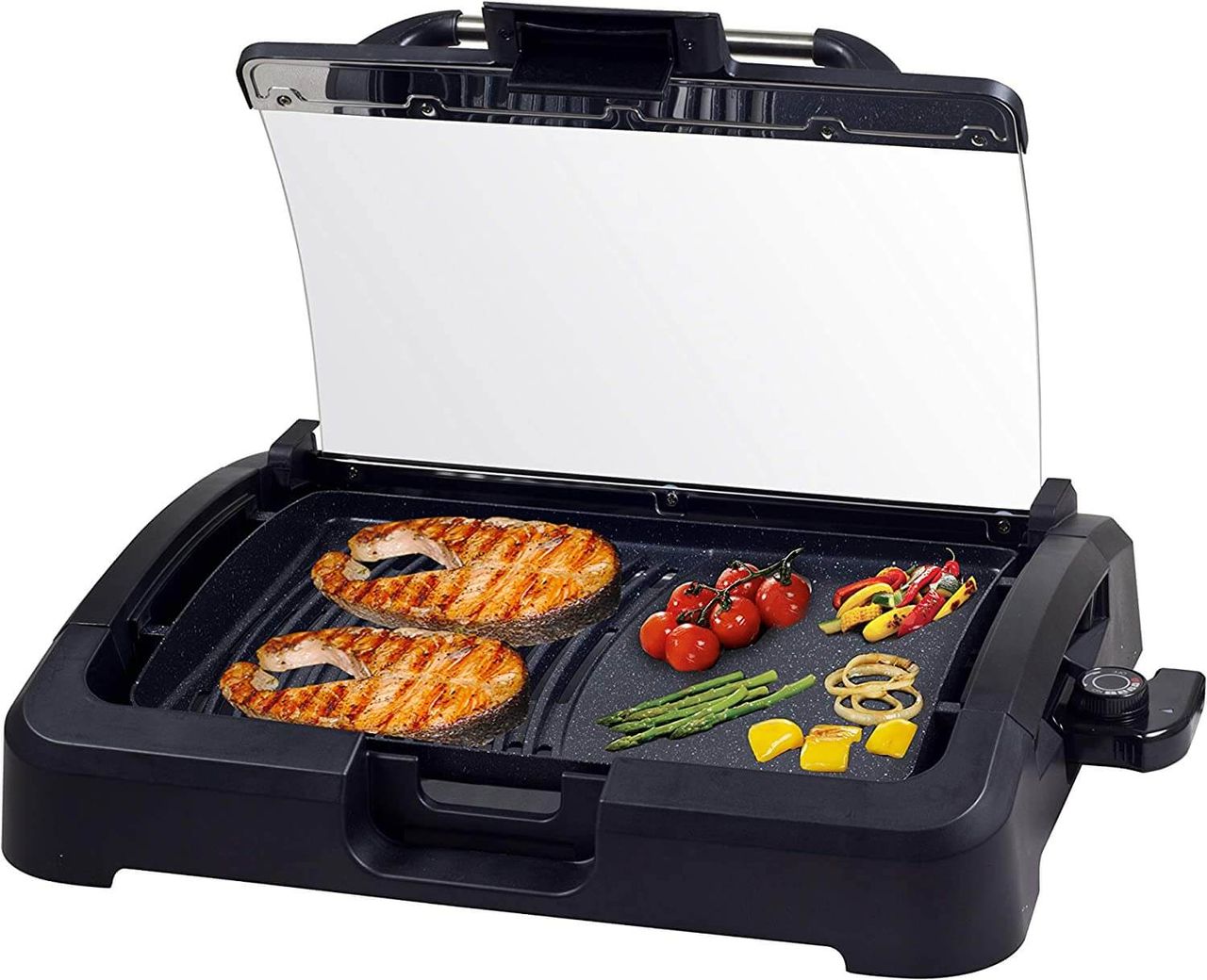 beper 90.871 Elektrogrill mit Glasdeckel, beschichtete Grillplatte, Edelstahl, 2200 W