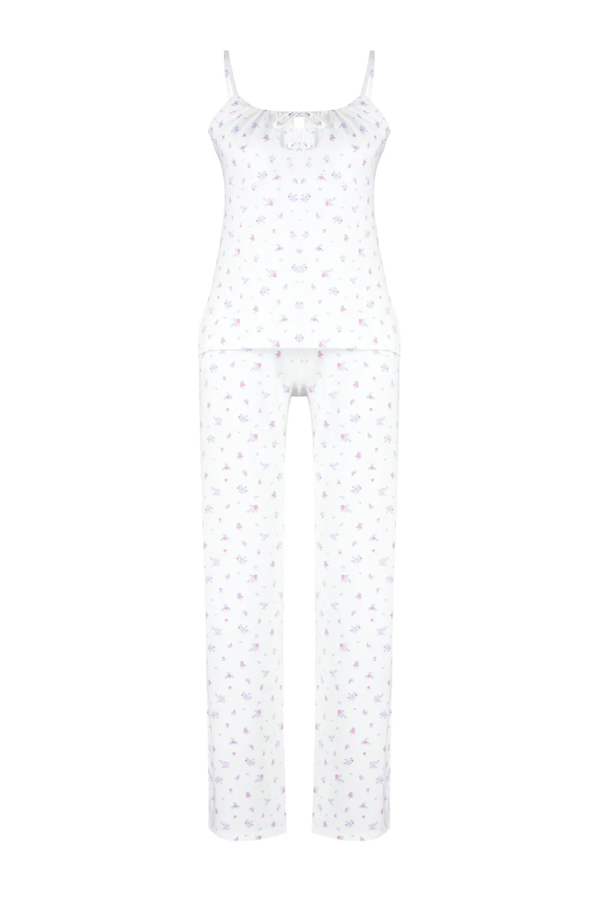 Trendyol Collection  Weiß-mehrfarbiges Pyjama-Set aus Strick mit Blumenmuster und Schnürriemen THMSS24PT00233
