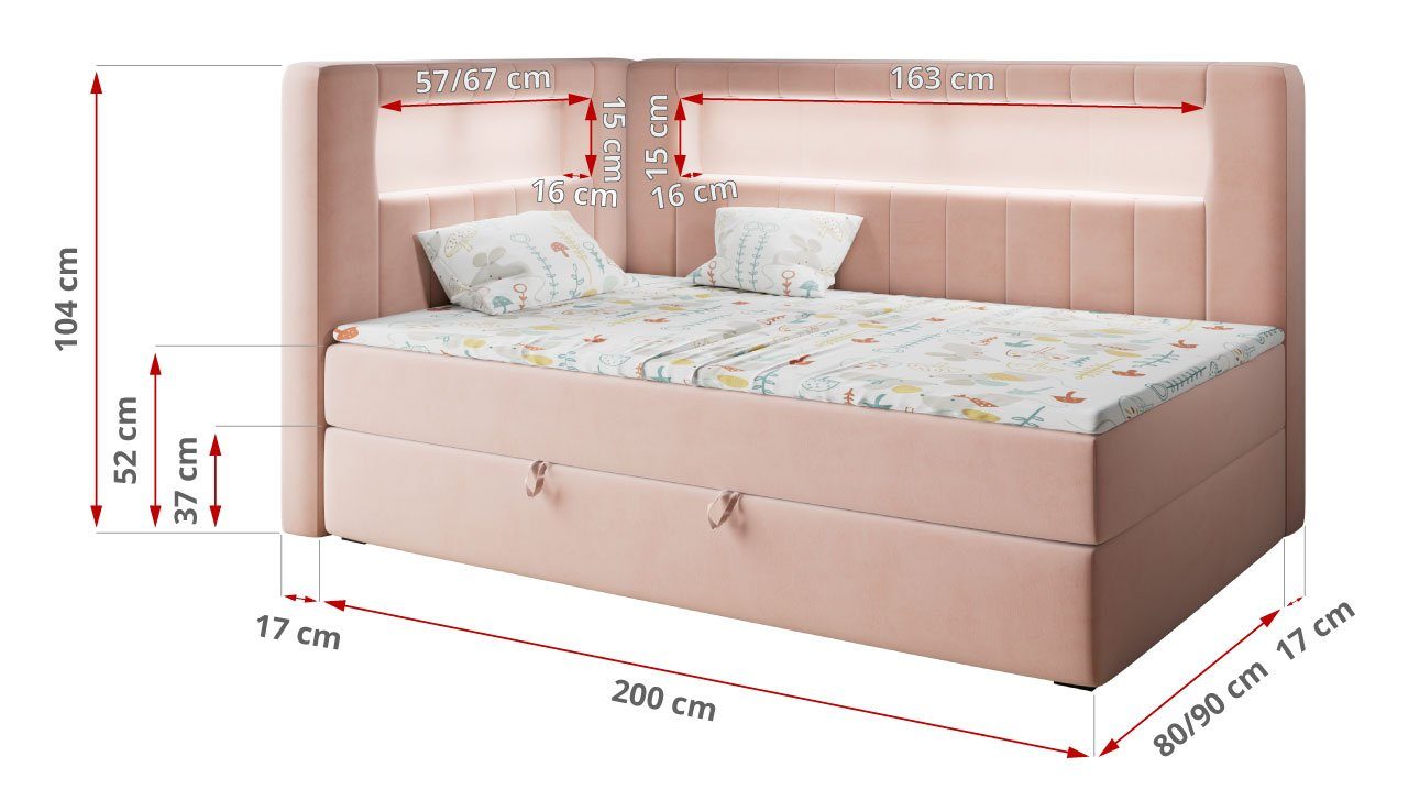 MKS MÖBEL Kinderbett GOLD JUNIOR 3, Kinderbett mit Led, Jugendbett, Polsterbett