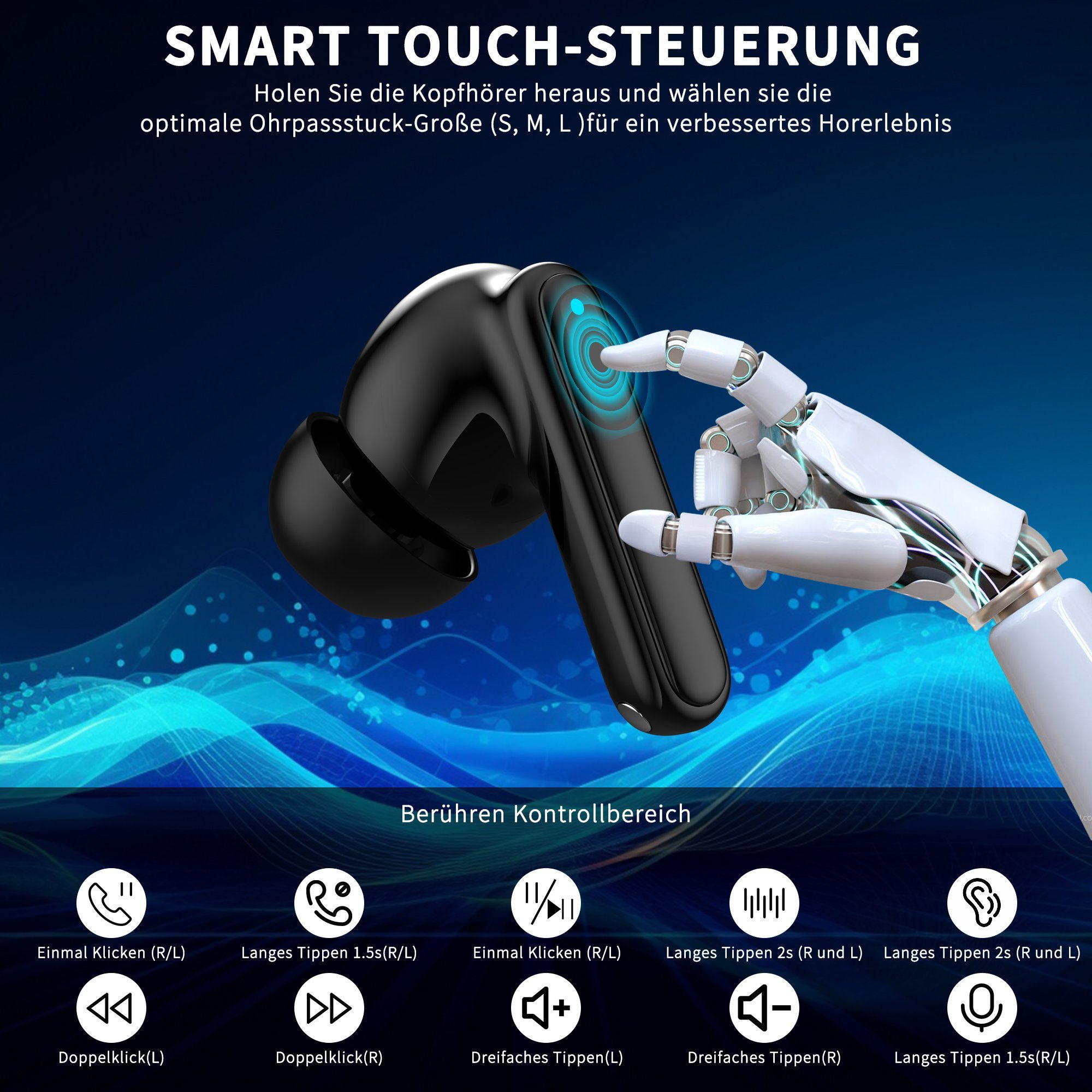 Giecy Bluetooth Kopfhörer, Mikrofon in ear Kopfhörer Kabellos Bluetooth 5.3 In-Ear-Kopfhörer (Voice Assistant, Siri, Bluetooth, Rauschunterdrückung, Touch Control, ENC Mikrofon, LED Anzeige kopfhörer, Wireless Headphones, Ohrhörer Bluetooth)