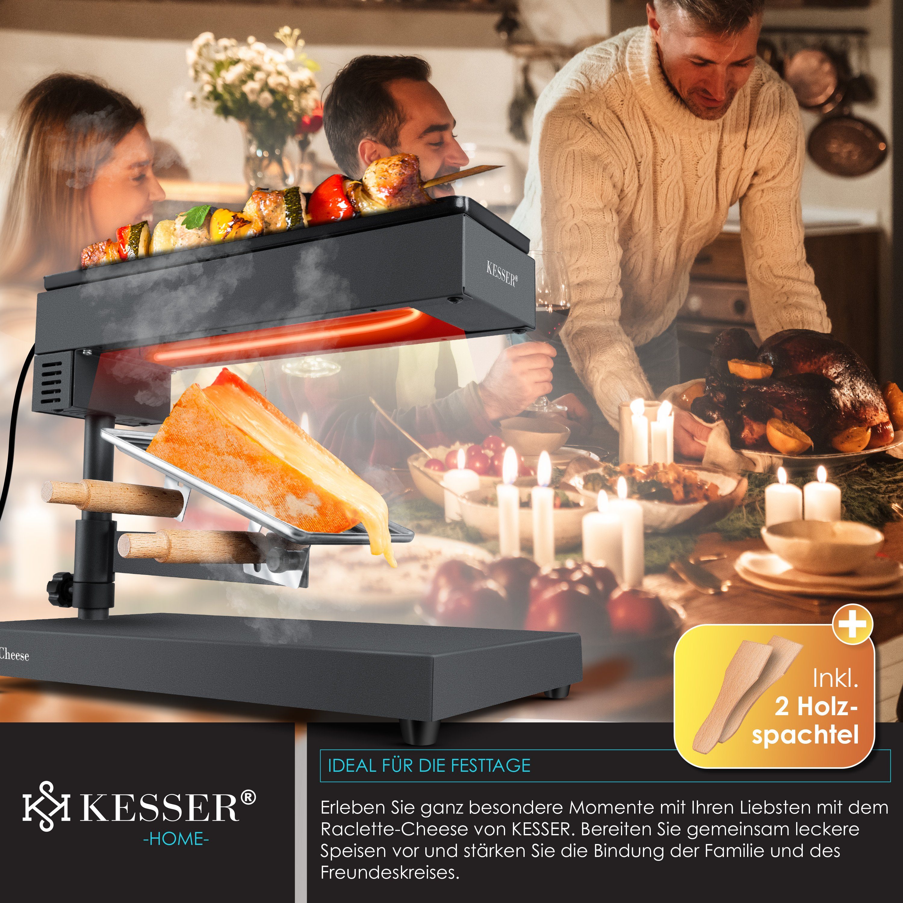 KESSER Raclette, 600 W, Raclette Grill 2in1 Käse-Raclette Käseschmelzer, Tischgrill