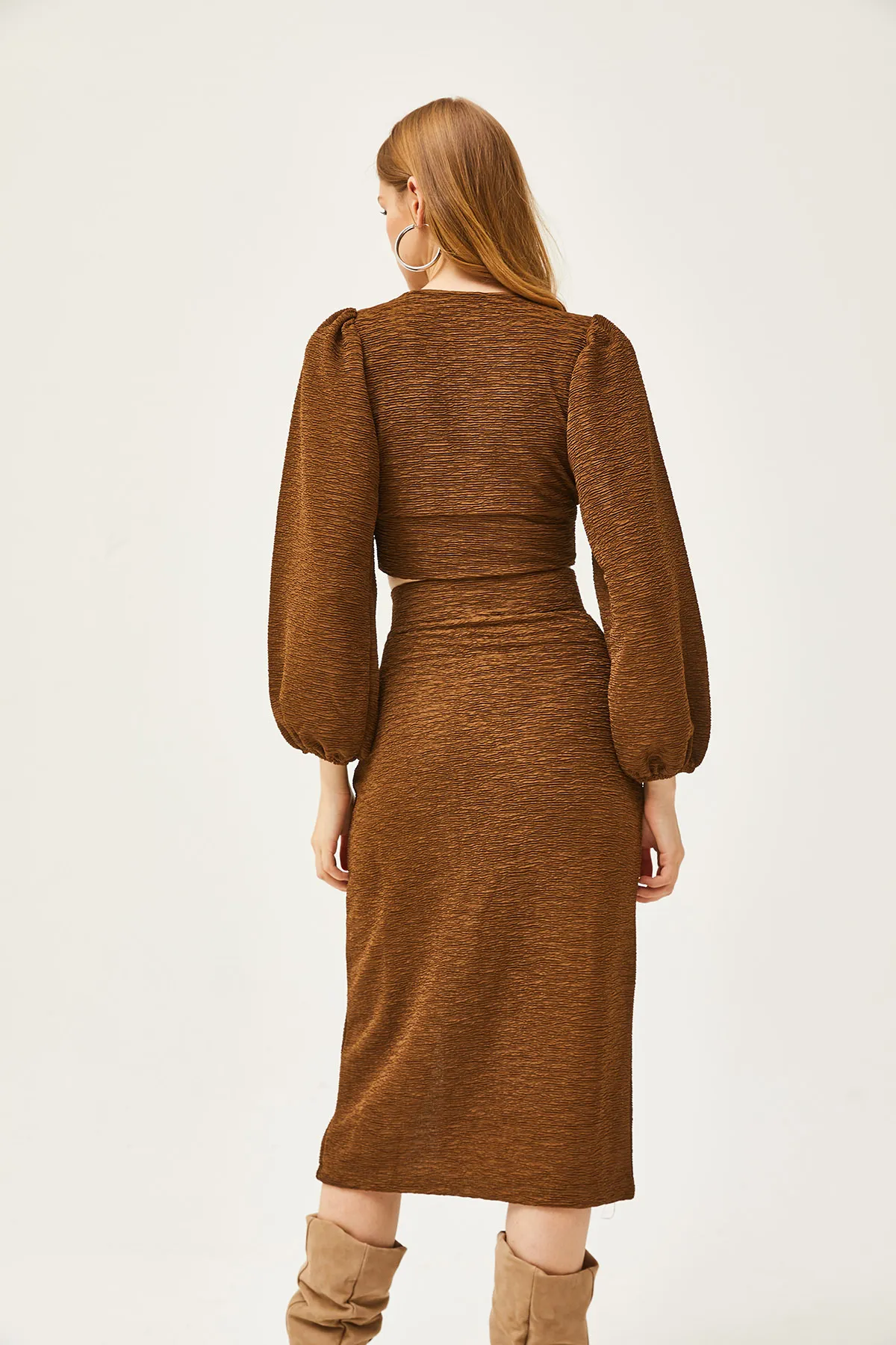 Olalook  Brauner Strickanzug mit Schlitzrock für Damen TKM-19000255
