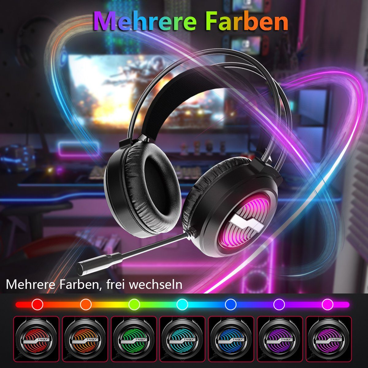 BUMHUM Gaming-Headset,Bunte LED-Beleuchtung, USB-Kabel Gaming-Headset (Over-Ear-Design: Gaming-Headset mit starkem Bass und Mikrofon)