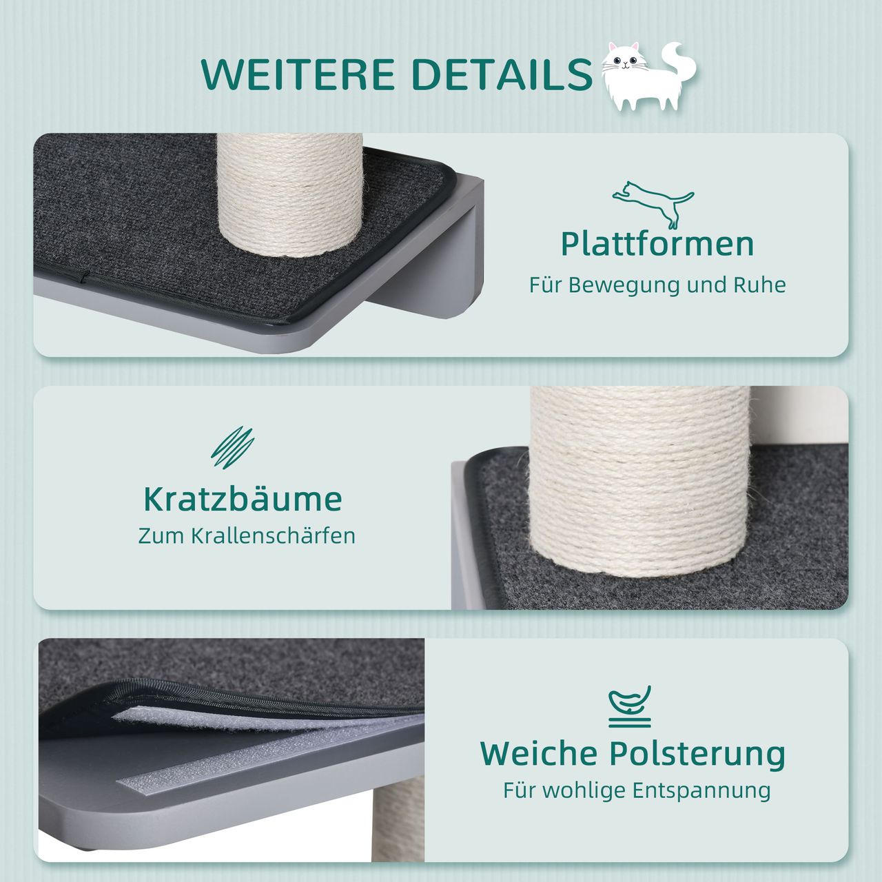 PawHut Wandkratzbaum Katzen-Kletterwand Kratzbaum Katzenmöbel für die Wand Kletterspaß für Katzen Wandmontage Holz Hellgrau Beige 66 x 28 x 137 cm