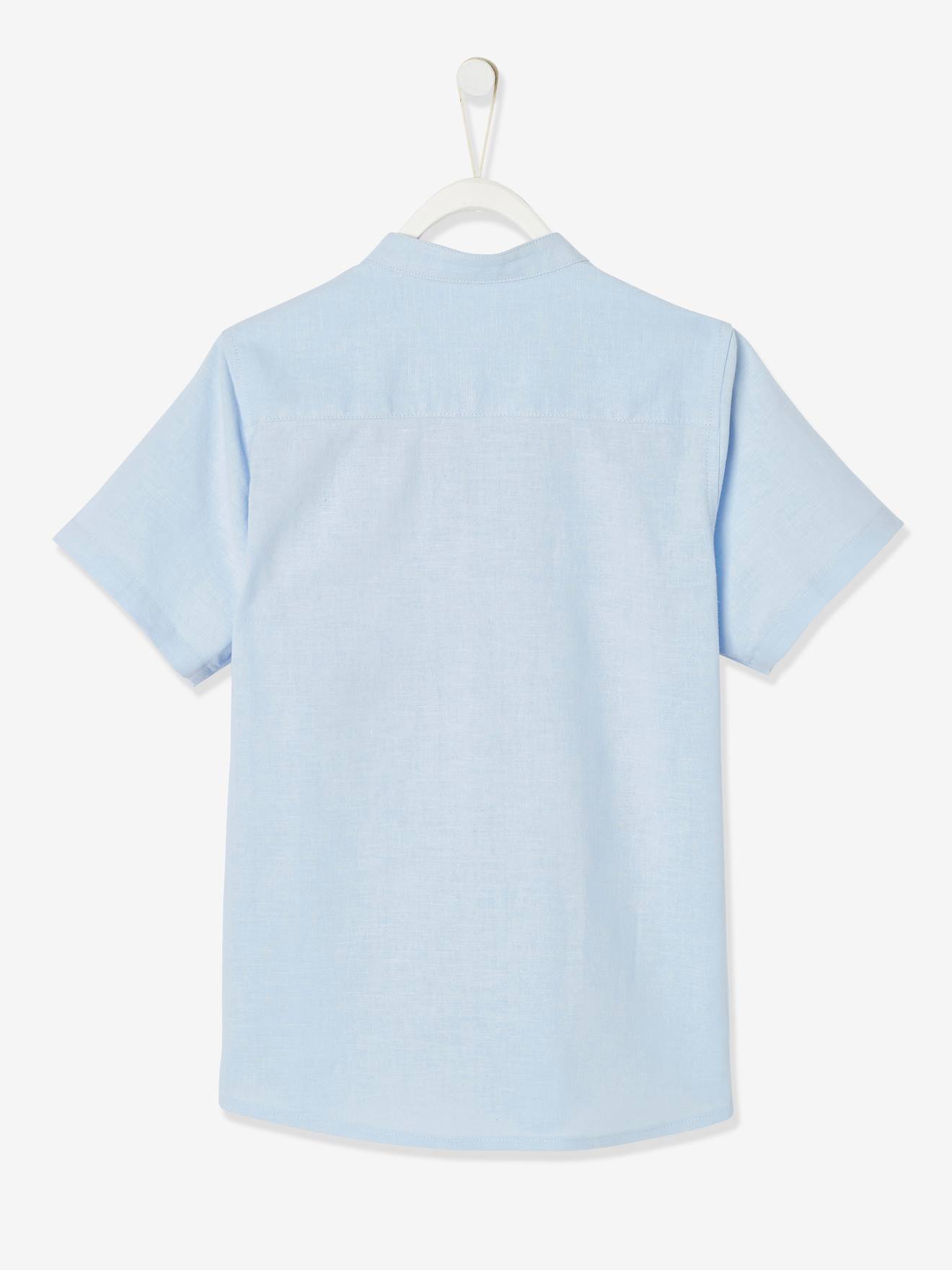 Chemise col Mao garçon en coton/ lin manches courtes blanc