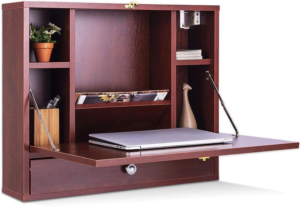 KOMFOTTEU Klapptisch Wandklapptisch, Arbeitstisch für PC Computer, aus Holz, mit Ablagefach und Schublade