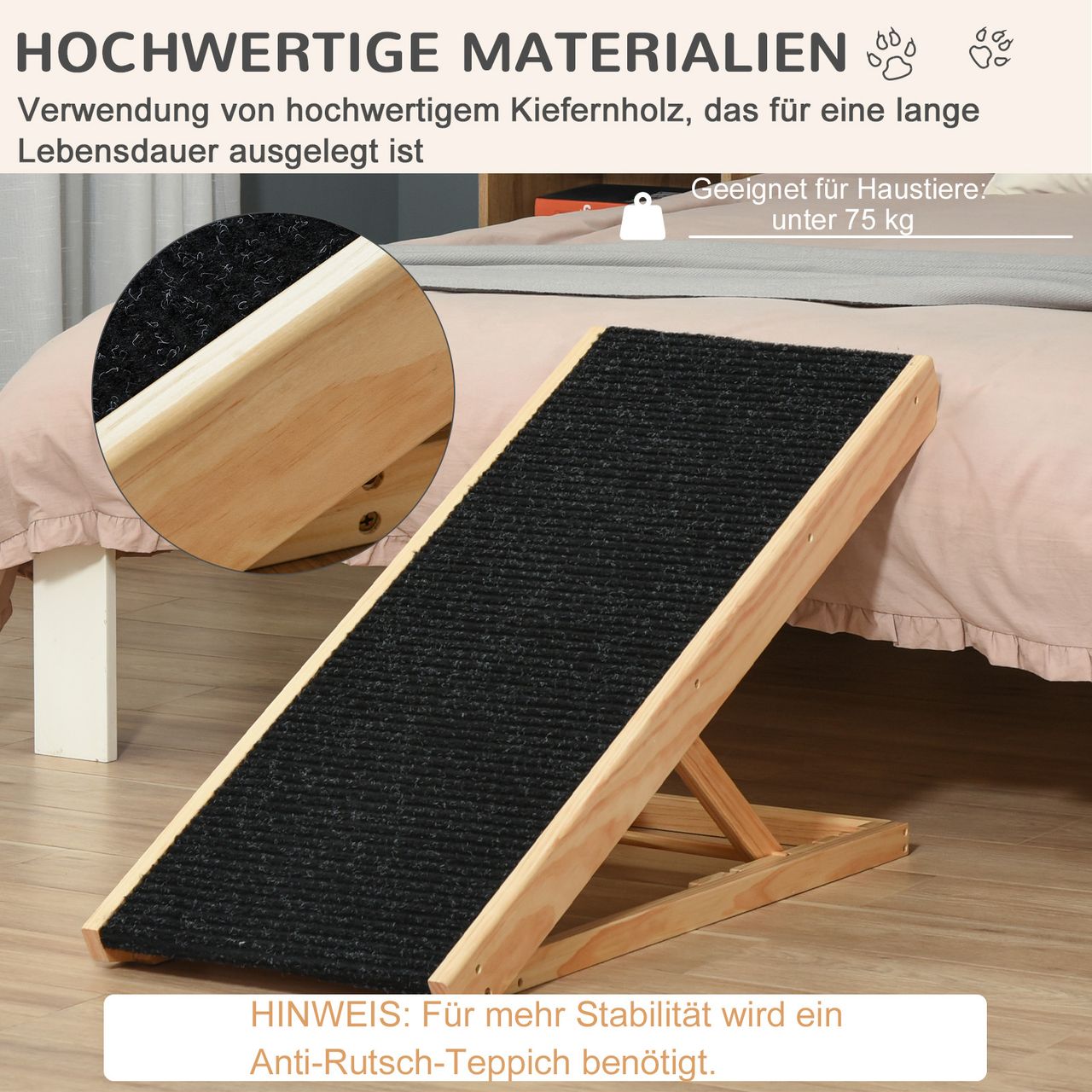 PawHut Haustierrampe mit rutschfestem Teppich verstellbarer Haustierleiter Hunderampe für großen Hund Kiefernholz Polyester Schwarz Naturholz 90B x 40T x 61H cm