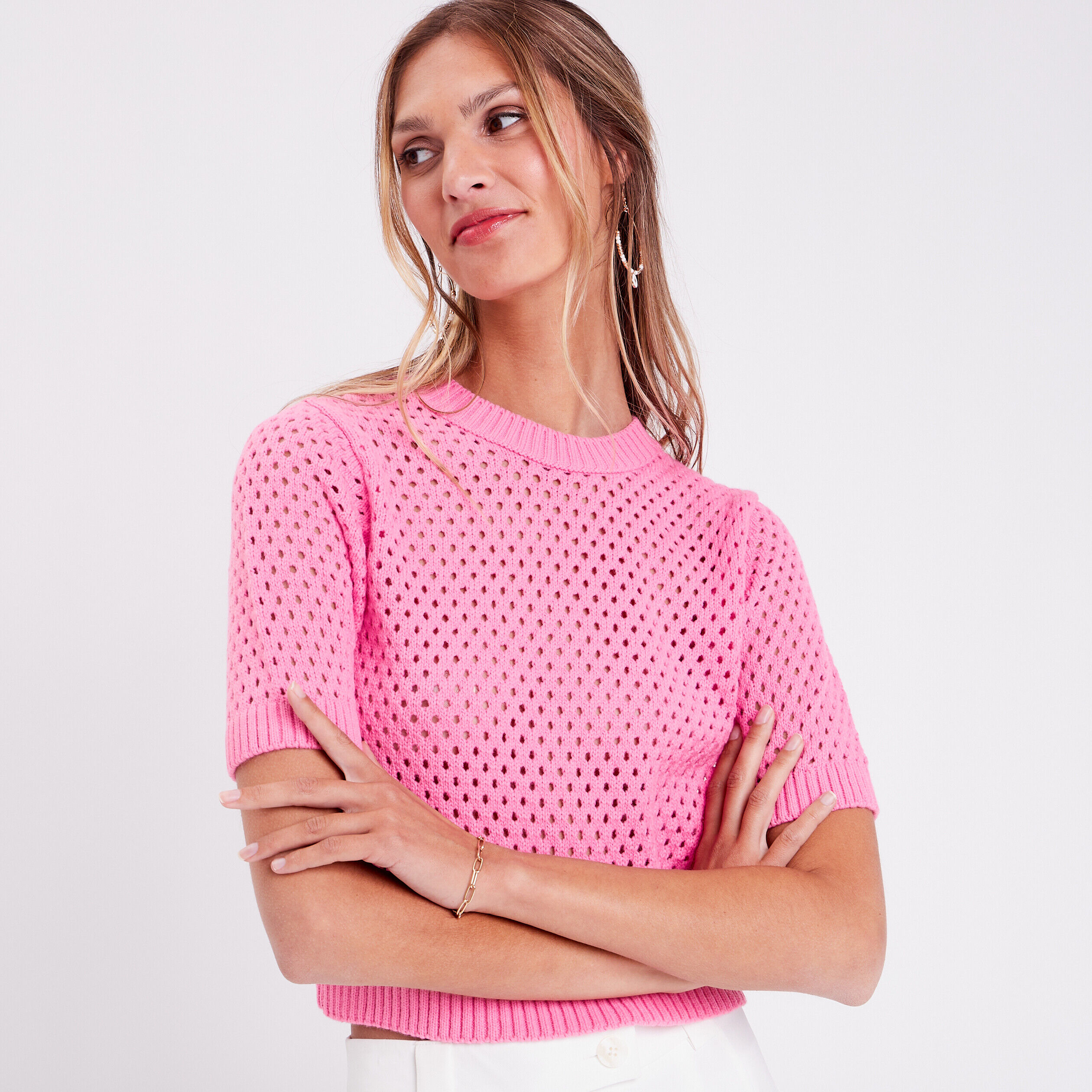 Pull manches courtes ajouré rose femme | Cache Cache