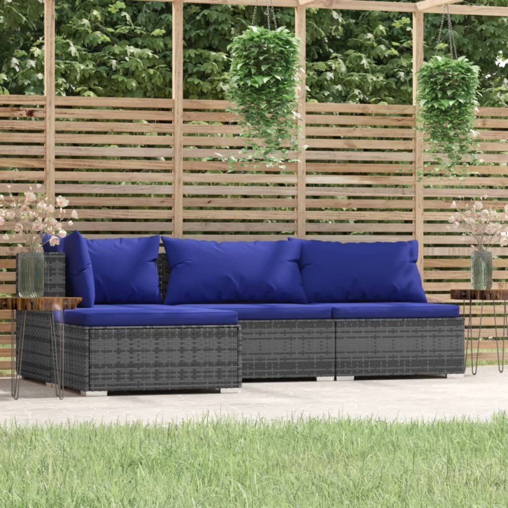 vidaXL Gartenlounge-Set 4-tlg. Garten-Lounge-Set mit Kissen Grau Poly Rattan, (1-tlg)