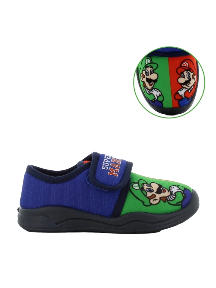 Super Mario Hausschuhe mit Super Mario und Luigi Motiv, in Blau, Klettverschluss günstig kaufen