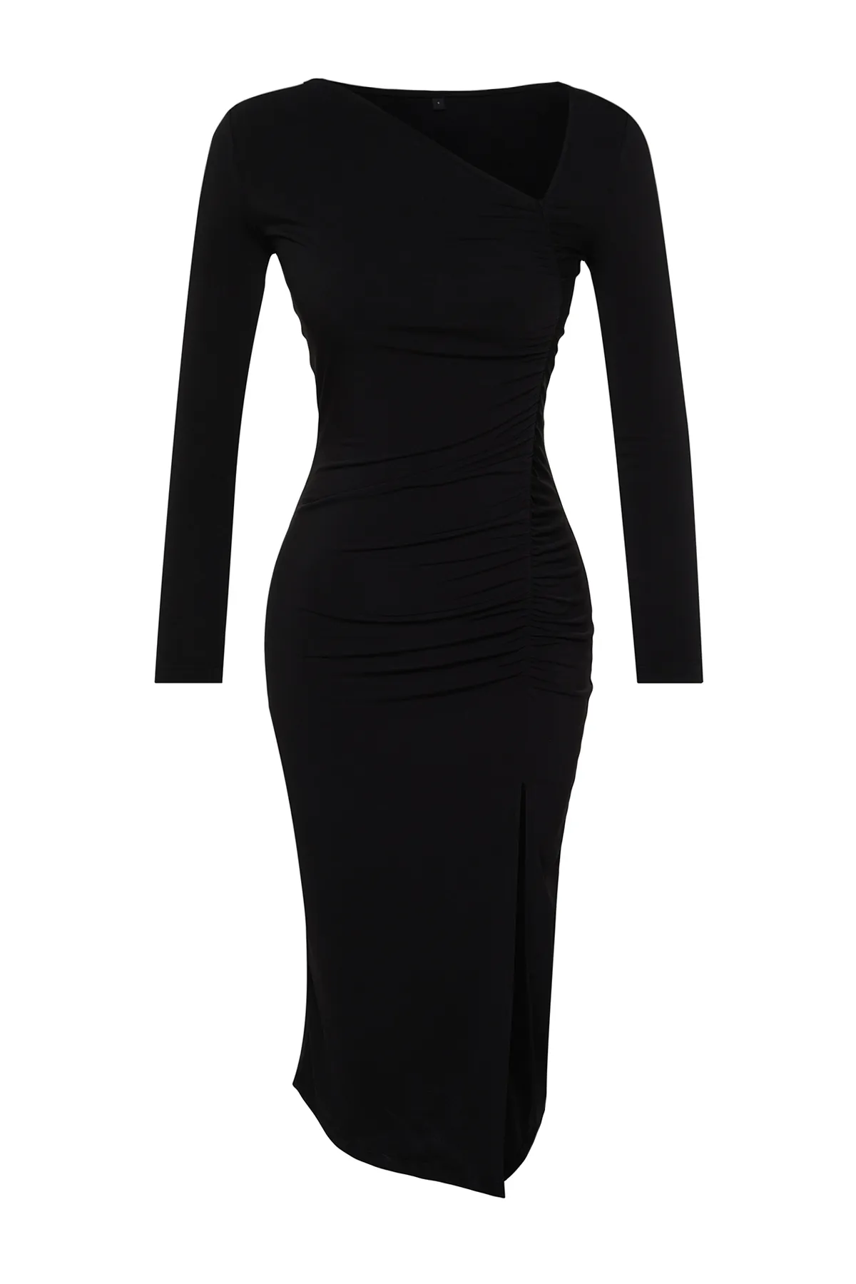 Trendyol Collection  Schwarzes Midi-Strickkleid mit asymmetrischem Kragen und Schlitz TWOAW24EL00118
