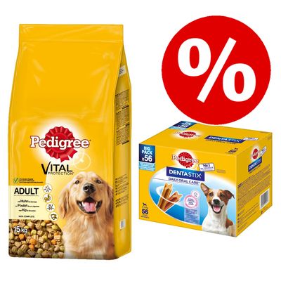 15 kg Pedigree Adult + 56 Stück Dentastix für kleine Hunde zum Sonderpreis!