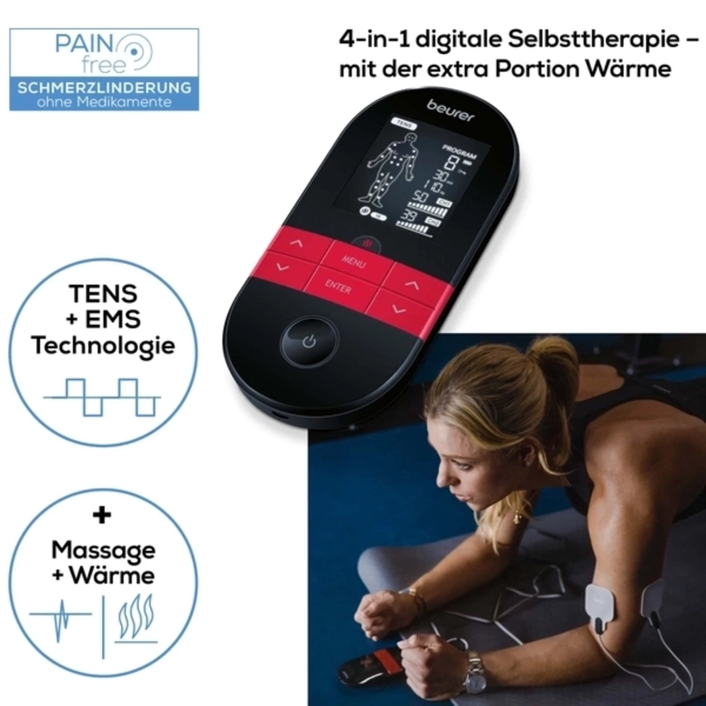 Beurer Digital TENS/EMS EM 59 mit Wärmefunktion & Nachkaufset-Zur Schmerztherapie, Muskelstimulation und Massage