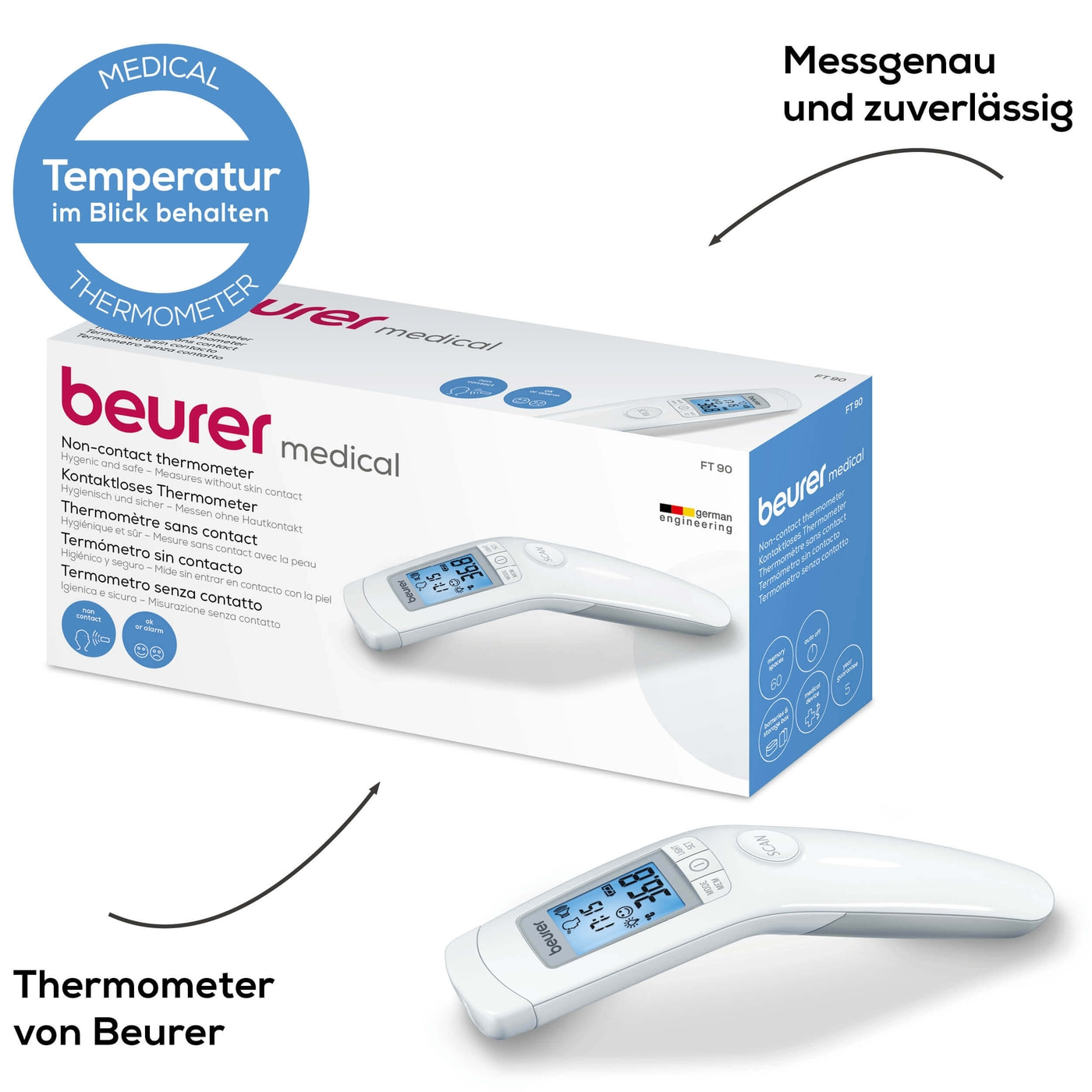 Beurer kontaktloses Thermometer FT 90-Hygienische Messung durch Infrarot-Technologie