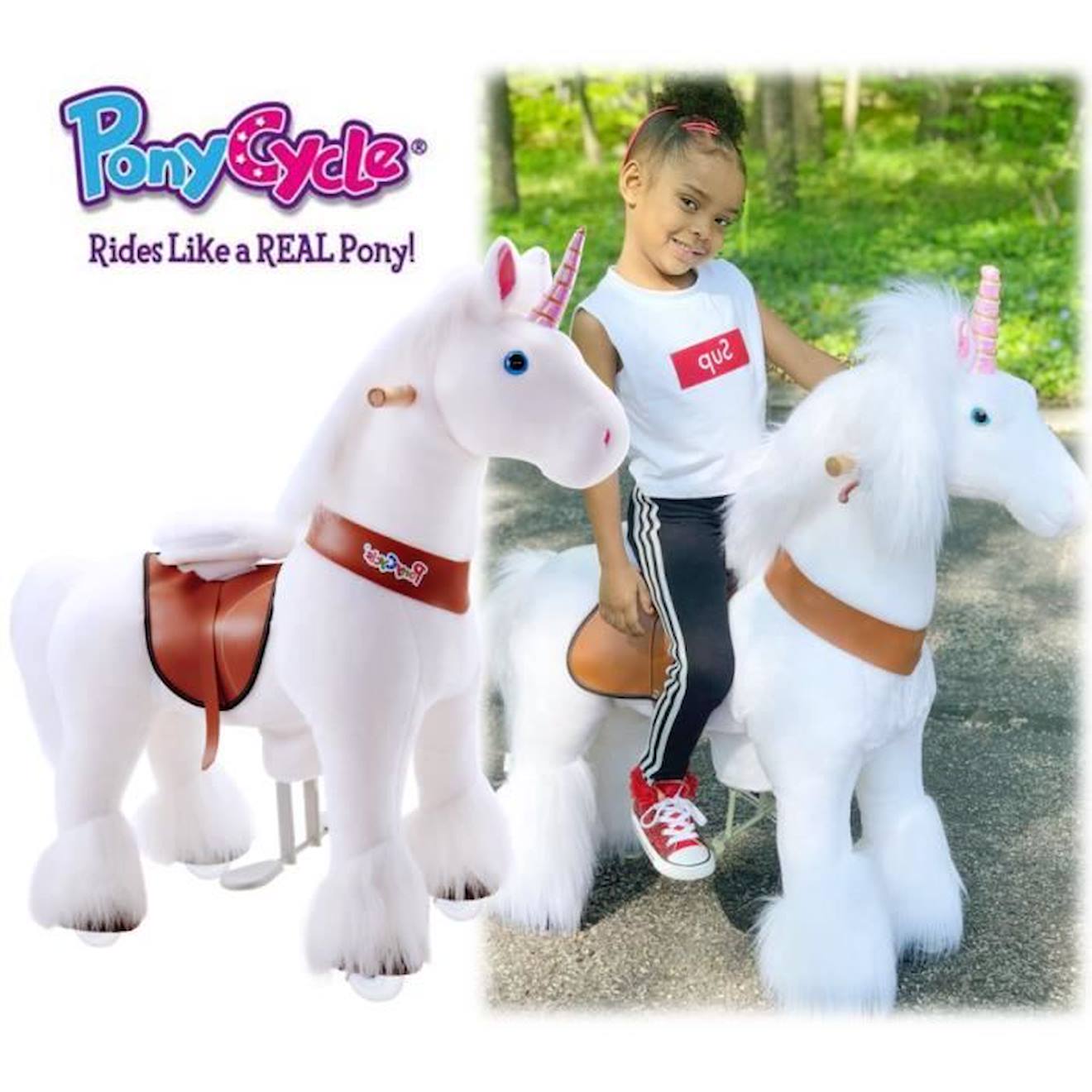 PonyCycle Modèle U Animal qui marche Peluche licorne blanche à roulettes avec frein Taille 3 pour les 3-5 ans Ux304 blanc
