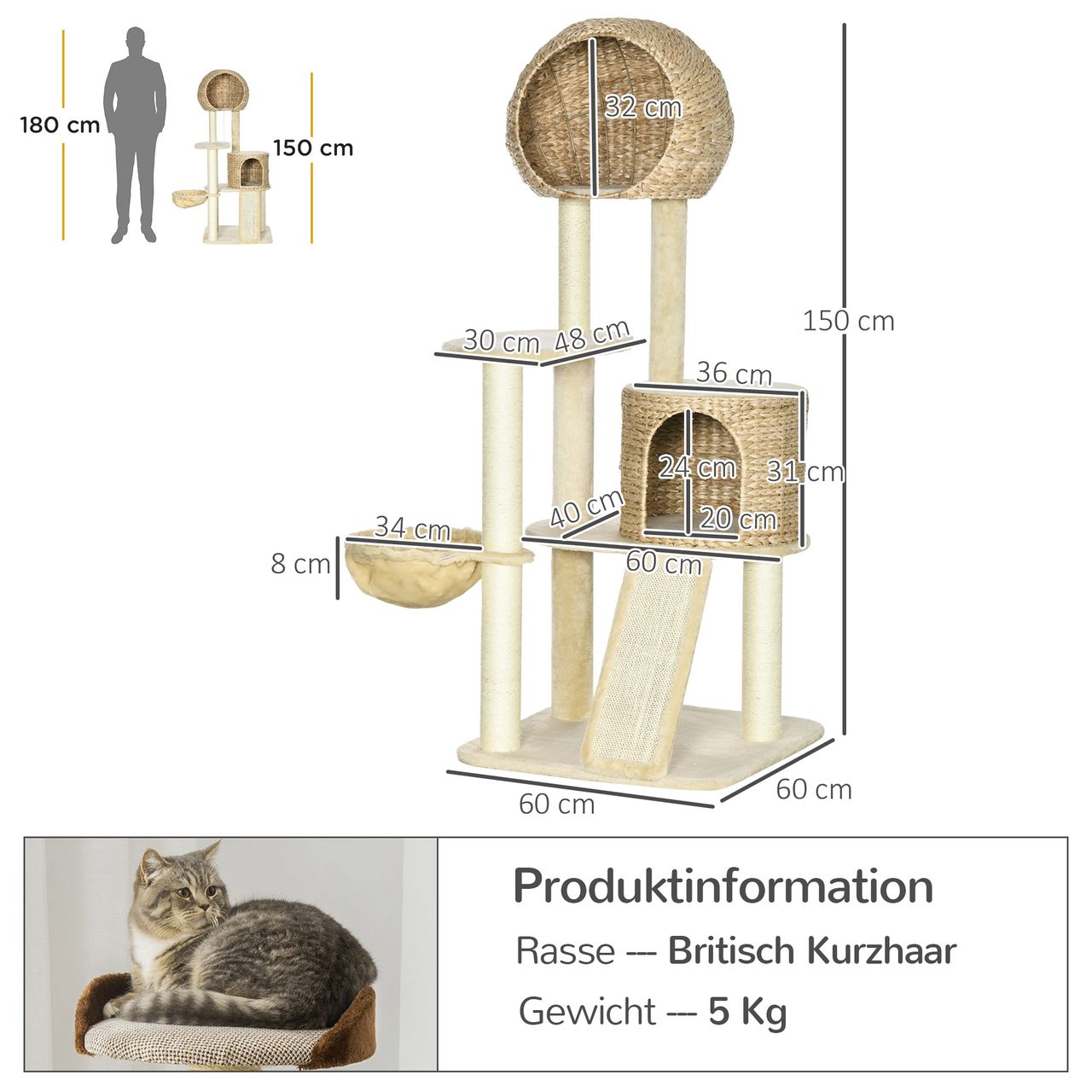 PawHut Kratzbaum, Kletterbaum mit Katzenhaus, Katzenbaum mit Rampe, Spielbaum